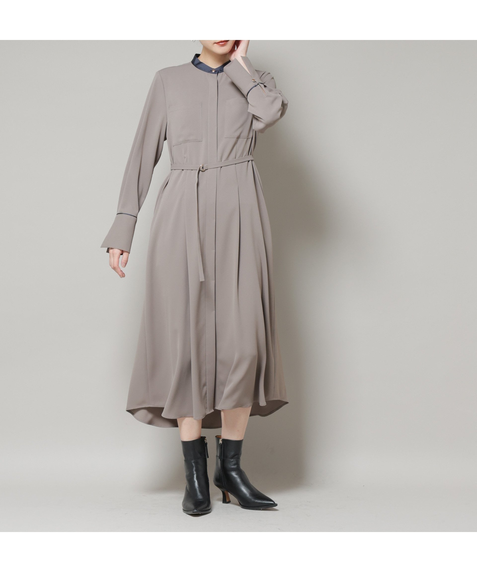 【ナノ ユニバース/nano universe】のスタンドバイカラーベルト付きワンピース インテリア・キッズ・メンズ・レディースファッション・服の通販 founy(ファニー) 　ファッション　Fashion　レディースファッション　Fashion for Women　ワンピース　Dresses　ベルト&ウエストマーク　Belts & Waist Accessories　2025年　2025　2025-2026秋冬・A/W　Autumn/Winter 2025–26 AW25–26　カフス　Cuff Design　ジョーゼット　Georgette, Semi-Sheer Fabric　スタンド　Stand Collar, Upright Stand　バランス　Balance, Style Balance　フロント　Front, Front Design　ポケット　Pocket, Pocket Detail　ラウンド　Round, Round Neck　ロング　Long, Long-Length　モカ3|ID: prp329100004611976 ipo3291000000033006916