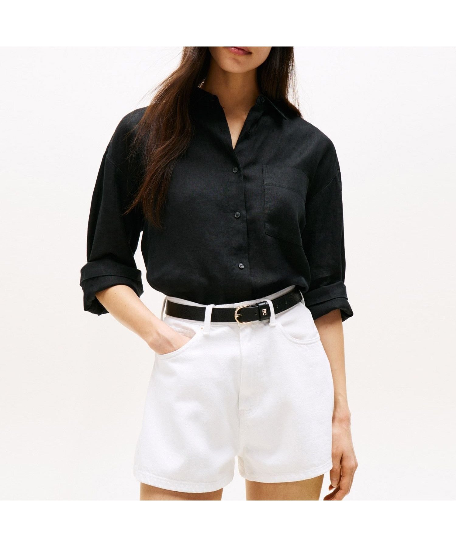 【トミーヒルフィガー/TOMMY HILFIGER】のリネンイージーシャツ インテリア・キッズ・メンズ・レディースファッション・服の通販 founy(ファニー) 　ファッション　Fashion　レディースファッション　Fashion for Women　トップス・カットソー　Cut & Sew Tops　シャツ・ブラウス・オフィスカジュアル　Elegant Blouses & Button-Ups　アメリカン　American Style　クラシック　Classic, Timeless Style　ゴルフ　Golf　シンプル　Simple, Minimal　デニム　Denim, Jeans Material　バランス　Balance, Style Balance　ポケット　Pocket, Pocket Detail　モダン　Modern, Contemporary　リネン　Linen, Linen Fabric　ワンポイント　One Point, Statement Accent　人気　Popular, Best Seller　ブラックBDS|ID: prp329100004612067 ipo3291000000033007660