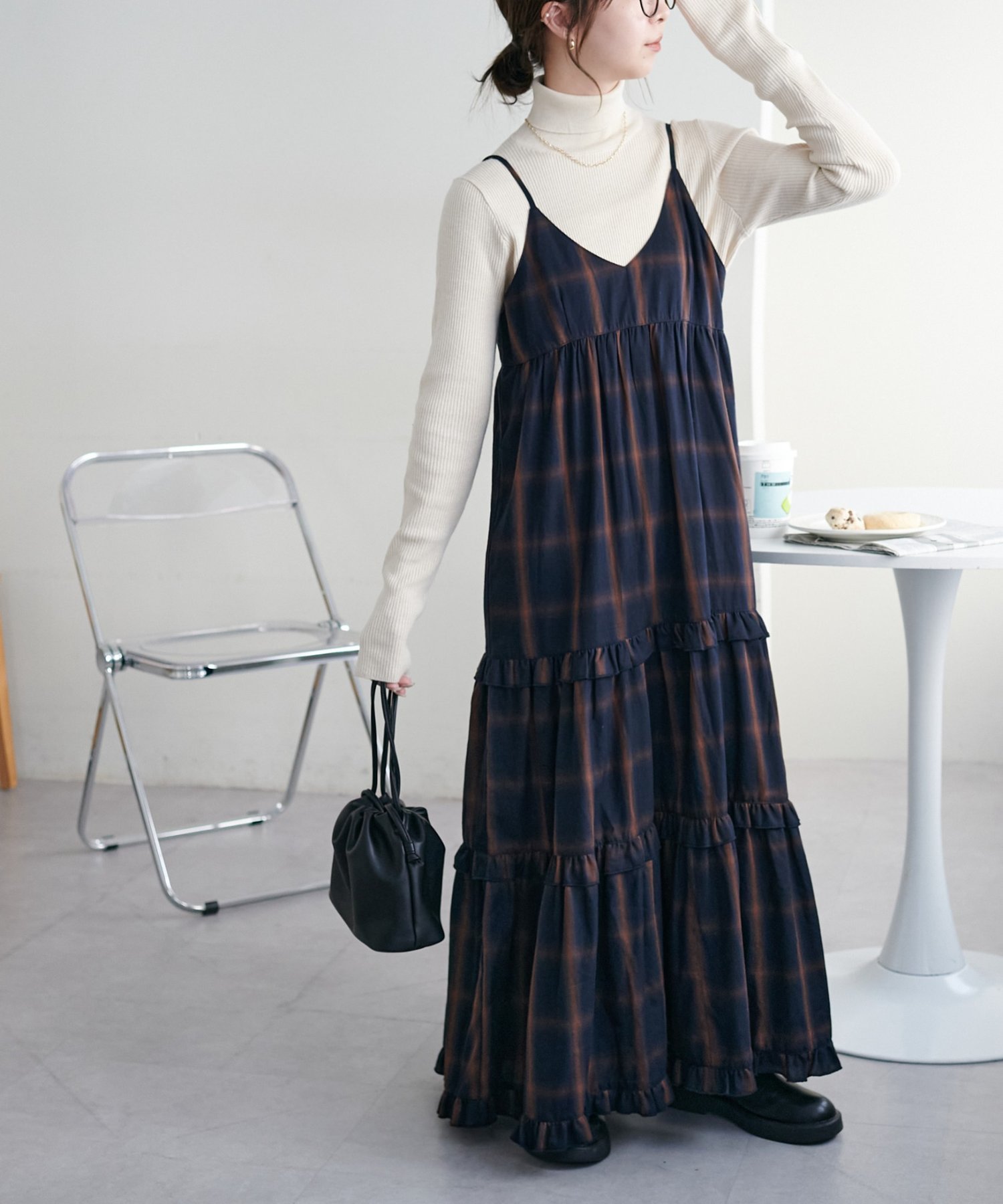【ディスコート/Discoat】の【WEB限定】チェックティアードキャミワンピ 人気、トレンドファッション・服の通販 founy(ファニー) 　ファッション　Fashion　レディースファッション　Fashion for Women　ワンピース　Dresses　キャミソールワンピース　Camisole Dresses　キャミソール　Camisole, Spaghetti Strap Top　キャミワンピース　Cami Dress, Slip Dress　ギャザー　Gathered, Ruffled　シンプル　Simple, Minimal　タンク　Tank Top, Sleeveless Top　タートルネック　Turtleneck, High Neck　チェック　Check, Plaid, Tartan　ティアード　Tiered, Tiered Style　デニム　Denim, Jeans Material　ハイネック　High Neck, Mock Neck　ボトム　Bottoms, Lower Wear　A/W・秋冬　Autumn/Winter　 other-1|ID: prp329100004612086 ipo3291000000033007782