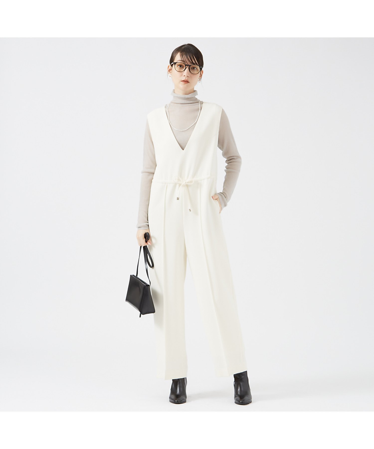 【カリテ/qualite】のダブルクロスドロストオールインワン インテリア・キッズ・メンズ・レディースファッション・服の通販 founy(ファニー) 　ファッション　Fashion　レディースファッション　Fashion for Women　ワンピース　Dresses　オールインワン・ワンピース　Dresses and Jumpsuits　タートルネック　Turtleneck, High Neck　アイボリー|ID: prp329100004612149 ipo3291000000033647879