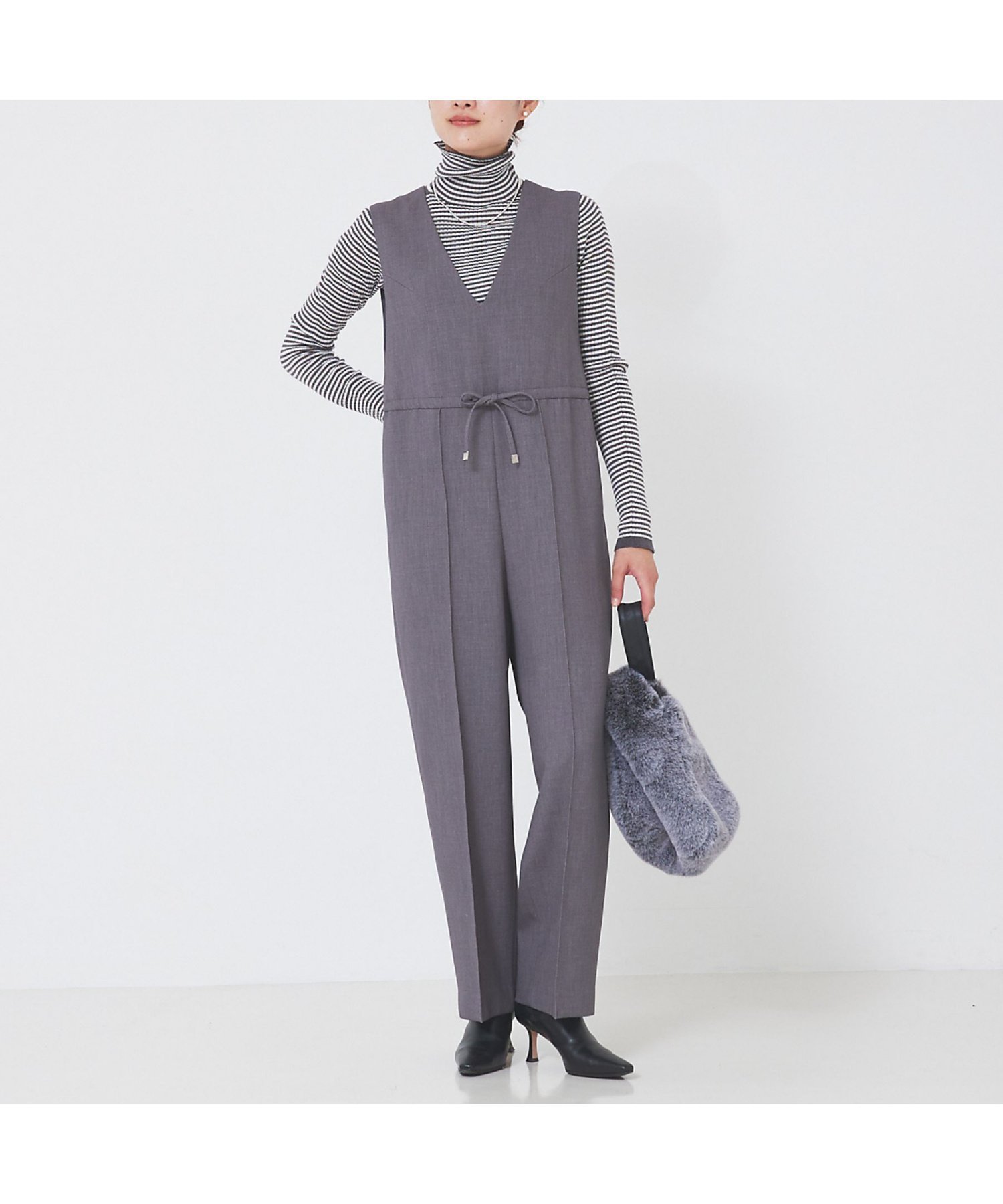【カリテ/qualite】のダブルクロスドロストオールインワン インテリア・キッズ・メンズ・レディースファッション・服の通販 founy(ファニー) 　ファッション　Fashion　レディースファッション　Fashion for Women　ワンピース　Dresses　オールインワン・ワンピース　Dresses and Jumpsuits　タートルネック　Turtleneck, High Neck　グレー|ID: prp329100004612149 ipo3291000000033647881