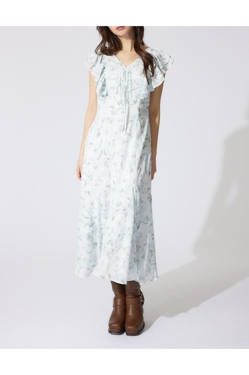【リエンダ/rienda】のフリルフラワーロングワンピース 人気、トレンドファッション・服の通販 founy(ファニー) 　ファッション　Fashion　レディースファッション　Fashion for Women　ワンピース　Dresses　エレガント 上品　Elegant　サンダル　Sandals, Summer Shoes　スニーカー　Sneakers, Trainers　スリット　Slit, Slit Detail　スリーブ　Sleeve, Long Sleeve / Short Sleeve　フラワー　Flower, Floral　フリル　Frill, Ruffle　フレア　Flare, Flared　ミュール　Mule, Backless Shoes　リボン　Ribbon, Bow　再入荷　Restock / Back in Stock　夏　Summer　 other-1|ID: prp329100004612354 ipo3291000000033011719
