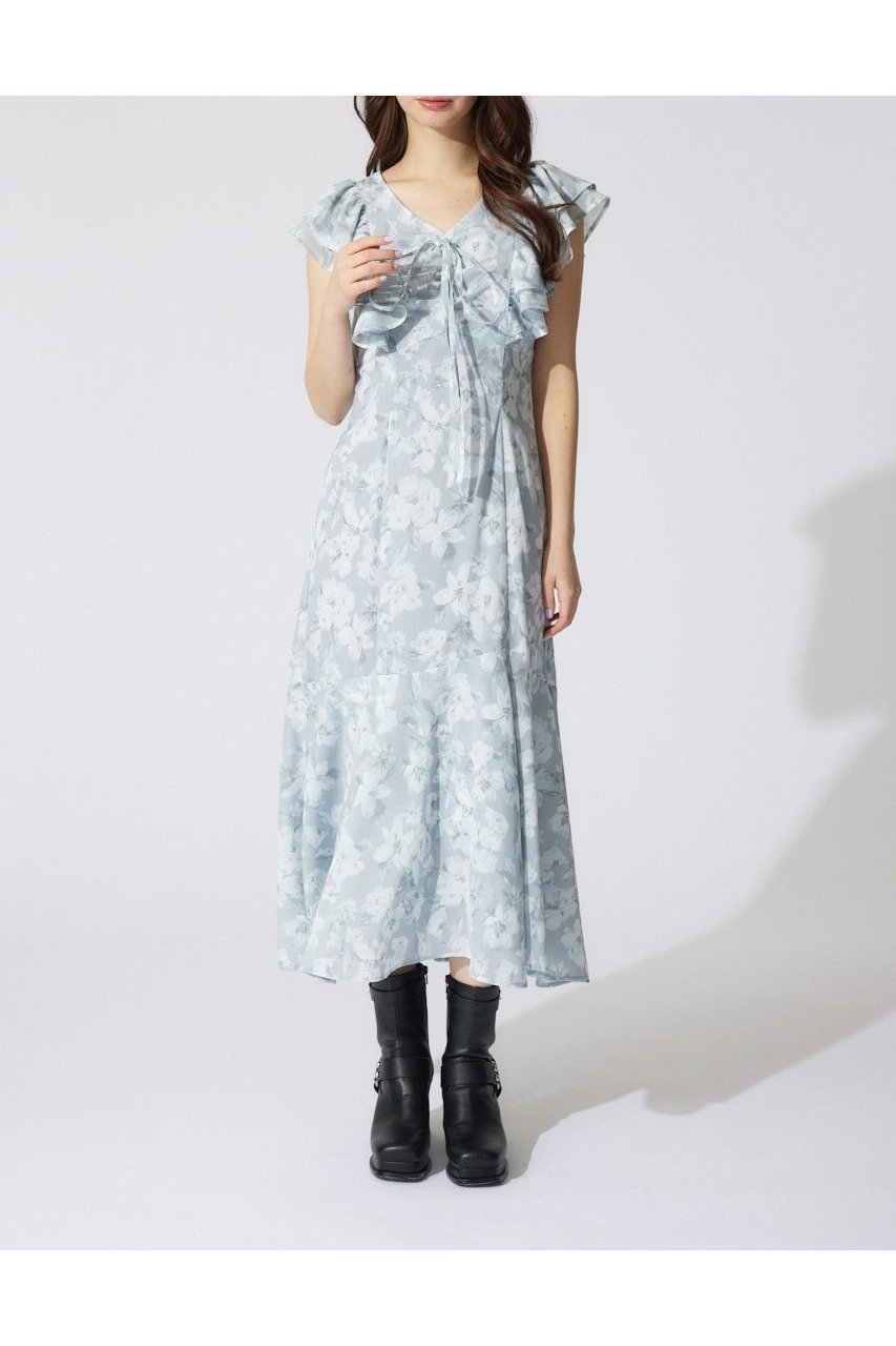 【リエンダ/rienda】のフリルフラワーロングワンピース インテリア・キッズ・メンズ・レディースファッション・服の通販 founy(ファニー) 　ファッション　Fashion　レディースファッション　Fashion for Women　ワンピース　Dresses　エレガント 上品　Elegant　サンダル　Sandals, Summer Shoes　スニーカー　Sneakers, Trainers　スリット　Slit, Slit Detail　スリーブ　Sleeve, Long Sleeve / Short Sleeve　フラワー　Flower, Floral　フリル　Frill, Ruffle　フレア　Flare, Flared　ミュール　Mule, Backless Shoes　リボン　Ribbon, Bow　再入荷　Restock / Back in Stock　夏　Summer　L/GRY1|ID: prp329100004612354 ipo3291000000033011723