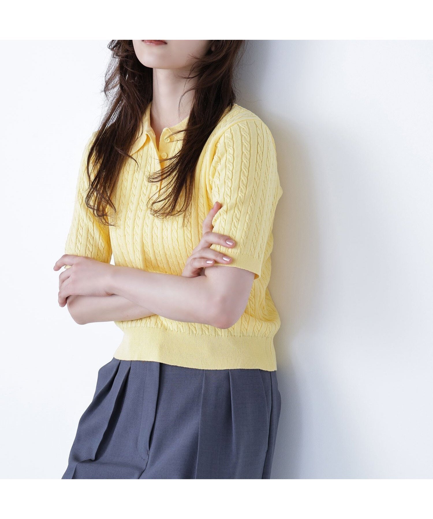 【ナチュラル ビューティー ベーシック/NATURAL BEAUTY BASIC】のケーブルポロニット インテリア・キッズ・メンズ・レディースファッション・服の通販 founy(ファニー) 　ファッション　Fashion　レディースファッション　Fashion for Women　トップス・カットソー　Cut & Sew Tops　ニット　Knit Tops & Sweaters　おすすめ　Recommended / Our Picks　トレンド　Trend, Trending Now　ベーシック　Basic, Essential　イエロー|ID: prp329100004612574 ipo3291000000033014303