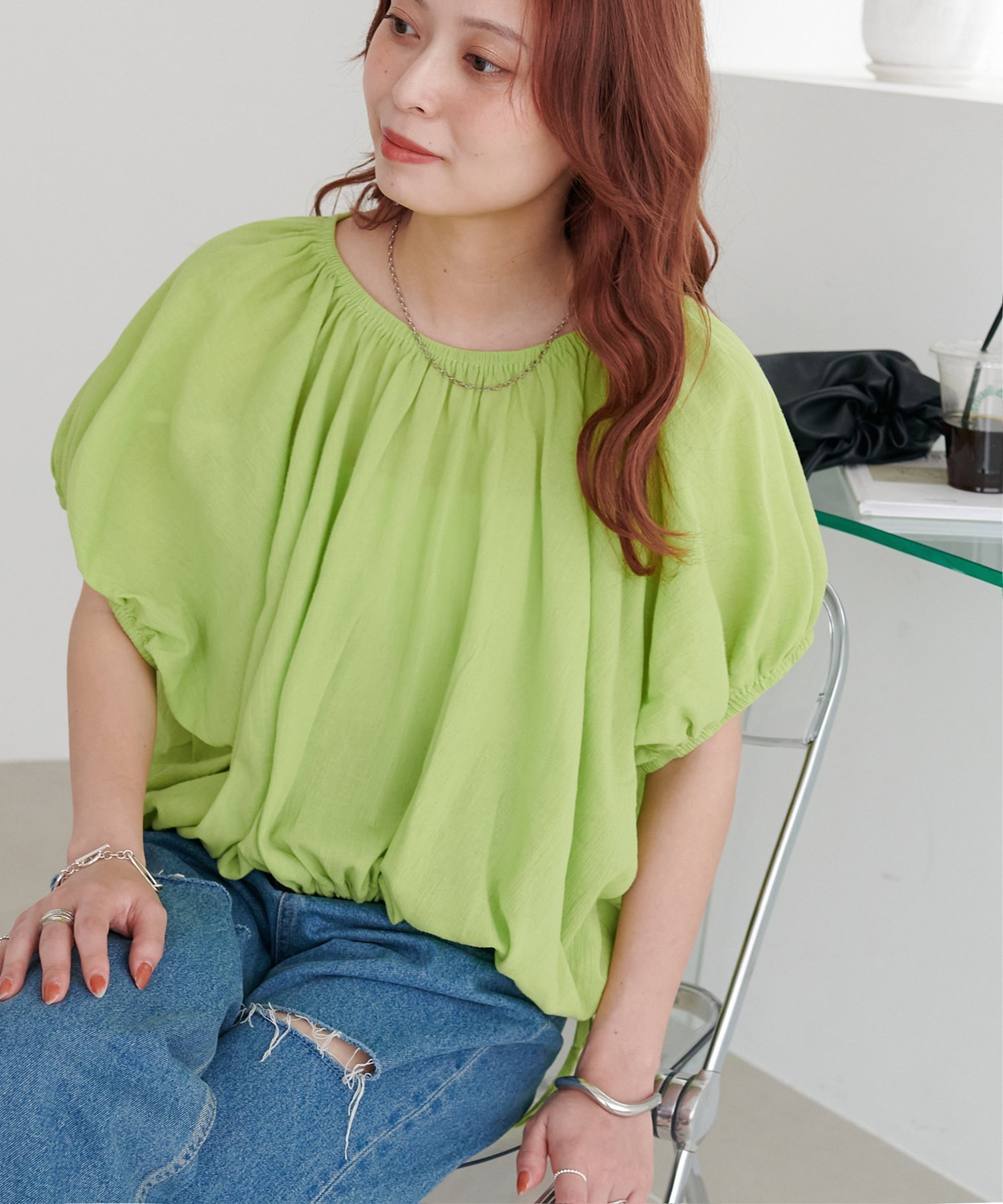 【ディスコート/Discoat】の【3WAY仕様】ギャザーバルーンブラウス《WEB限定カラーあり》 インテリア・キッズ・メンズ・レディースファッション・服の通販 founy(ファニー) 　ファッション　Fashion　レディースファッション　Fashion for Women　トップス・カットソー　Cut & Sew Tops　シャツ・ブラウス・オフィスカジュアル　Elegant Blouses & Button-Ups　ギャザー　Gathered, Ruffled　スリーブ　Sleeve, Long Sleeve / Short Sleeve　バルーン　Balloon, Balloon Silhouette　ワンショル　One Shoulder, Asymmetrical　グリーンイエロー|ID: prp329100004612816 ipo3291000000033017094