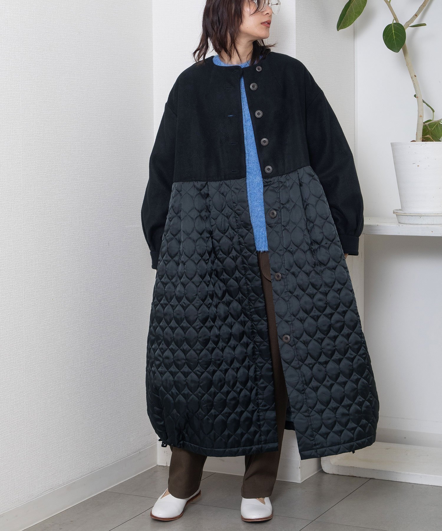 【プードゥドゥ/POU DOU DOU】のフラノ×キルティングボリュームコート インテリア・キッズ・メンズ・レディースファッション・服の通販 founy(ファニー) 　ファッション　Fashion　レディースファッション　Fashion for Women　アウター　Coat / Outerwear Collection　コート・ロングコート・ピーコート　Long Coats, Peacoats & More　キルティング　Quilted, Quilting　スマート　Smart, Elegant　ポケット　Pocket, Pocket Detail　ブラック|ID: prp329100004613041 ipo3291000000033019021