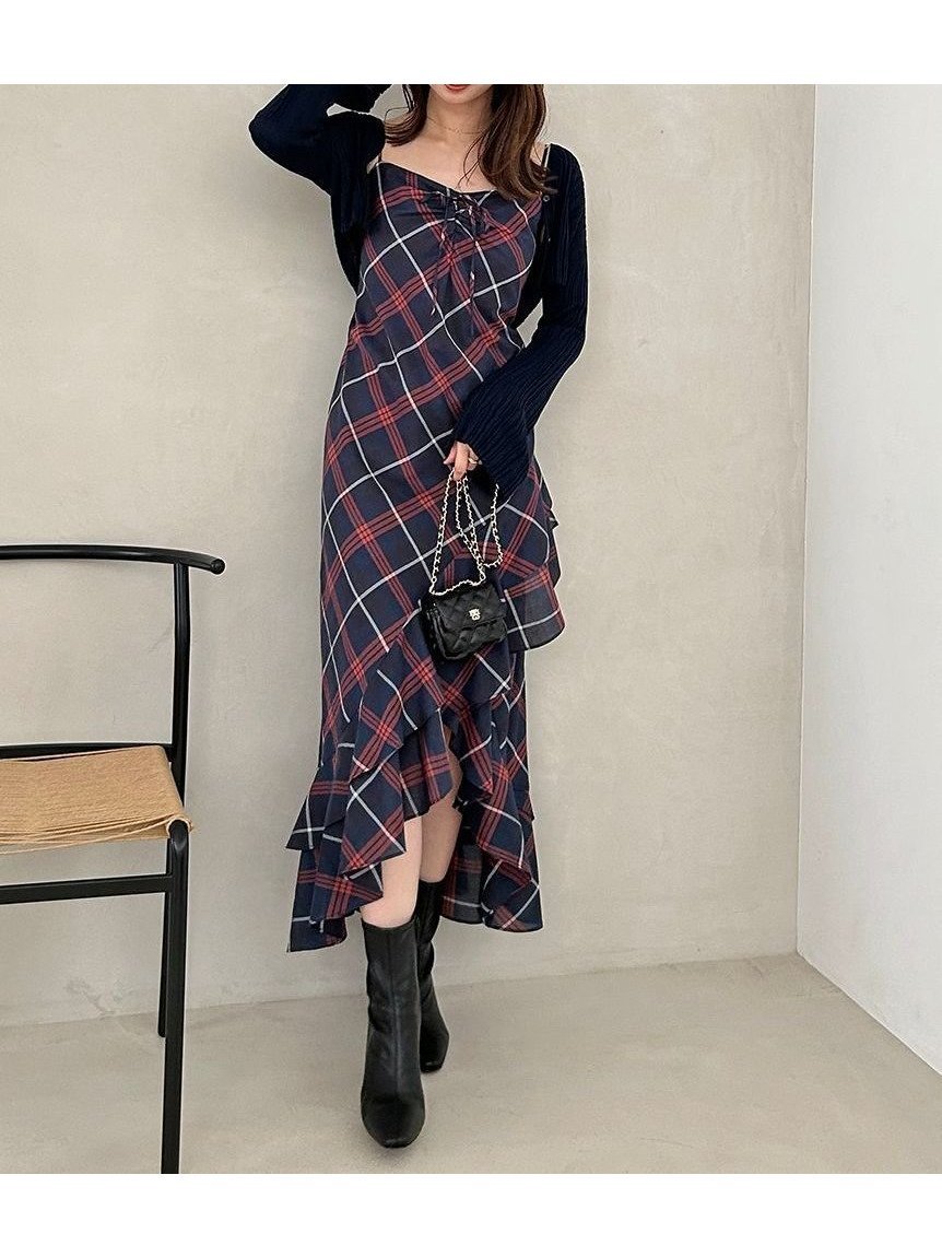 【スナイデル/SNIDEL】のフリルチェックキャミソールワンピース インテリア・キッズ・メンズ・レディースファッション・服の通販 founy(ファニー) 　ファッション　Fashion　レディースファッション　Fashion for Women　ワンピース　Dresses　ウェーブ　Wavy Pattern　秋　Autumn　キャミワンピース　Cami Dress, Slip Dress　ギャザー　Gathered, Ruffled　今季　This Season, Current Season　ストレート　Straight, Straight Cut　チェック　Check, Plaid, Tartan　トレンド　Trend, Trending Now　フィット　Fit, Slim Fit　フリル　Frill, Ruffle　フロント　Front, Front Design　リボン　Ribbon, Bow　ロング　Long, Long-Length　おすすめ　Recommended / Our Picks　NVY[089]|ID: prp329100004613455 ipo3291000000033023828