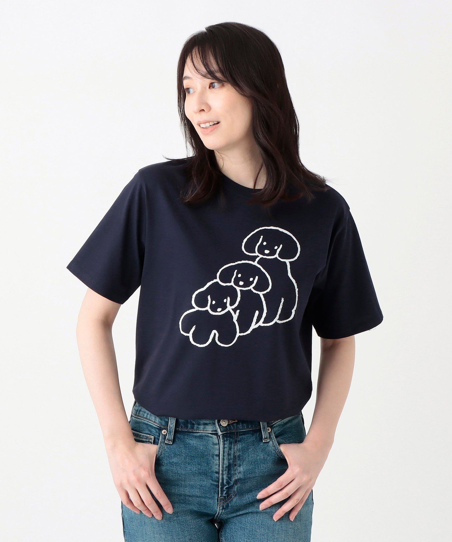 【アフタヌーンティー リビング/Afternoon Tea LIVING】のプリントTシャツ/3DOGS/てらおかなつみ インテリア・キッズ・メンズ・レディースファッション・服の通販 founy(ファニー) 　ファッション　Fashion　レディースファッション　Fashion for Women　トップス・カットソー　Cut & Sew Tops　シャツ・ブラウス・オフィスカジュアル　Elegant Blouses & Button-Ups　ロングTシャツ・Tシャツ　Longline T-Shirts & Tees　イラスト　Illustration　ジャケット　Jacket, Outerwear　プリント　Print, Printed Pattern　ベーシック　Basic, Essential　おすすめ　Recommended / Our Picks　犬　Dog　ネイビー|ID: prp329100004613632 ipo3291000000033284453