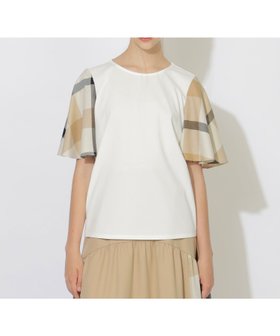 【ブルーレーベル クレストブリッジ/BLUE LABEL CRESTBRIDGE】のハーフフレアスリーブチェックTシャツ 人気、トレンドファッション・服の通販 founy(ファニー) ファッション Fashion レディースファッション Fashion for Women トップス・カットソー Cut & Sew Tops シャツ・ブラウス・オフィスカジュアル Elegant Blouses & Button-Ups ロングTシャツ・Tシャツ Longline T-Shirts & Tees シンプル Simple, Minimal スリーブ Sleeve, Long Sleeve / Short Sleeve チェック Check, Plaid, Tartan トレンド Trend, Trending Now フレア Flare, Flared エレガント 上品 Elegant 無地 Plain, Solid Color |ID:prp329100004614263