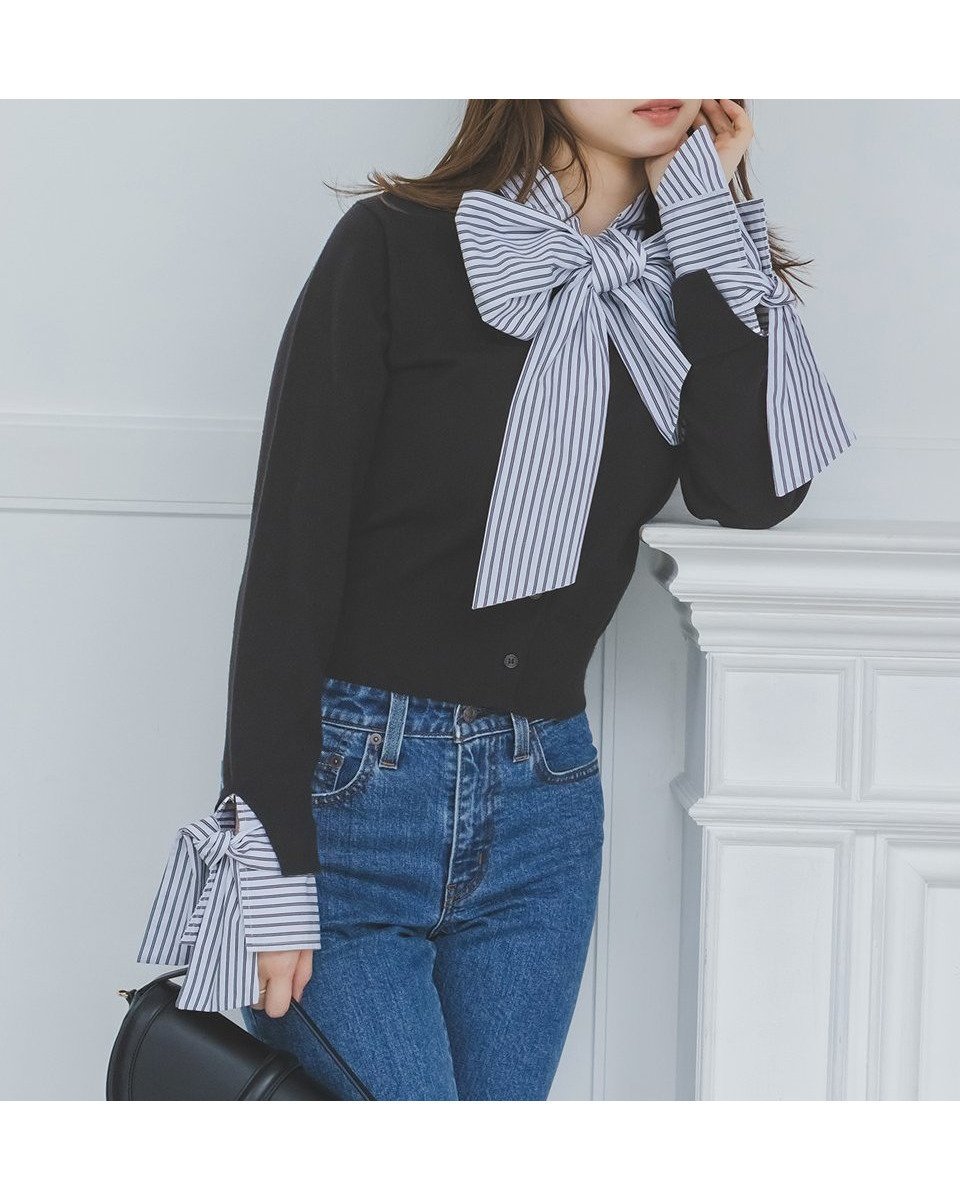 【スナイデル/SNIDEL】のボウタイドッキングニットプルオーバー インテリア・キッズ・メンズ・レディースファッション・服の通販 founy(ファニー) 　ファッション　Fashion　レディースファッション　Fashion for Women　トップス・カットソー　Cut & Sew Tops　ニット　Knit Tops & Sweaters　カジュアルプルオーバー・ニットトップス　Pullovers & Knit Tops / Casual Pullovers　ウェーブ　Wavy Pattern　カフス　Cuff Design　カーディガン　Cardigan, Knitwear　ストライプ　Stripe, Striped Pattern　ストレッチ　Stretch, Stretchy Fabric　ストレート　Straight, Straight Cut　ドッキング　Docking, Mixed Material　ビッグ　Big, Oversized　ブロード　Broadcloth, Fine Cotton　無地　Plain, Solid Color　リボン　Ribbon, Bow　おすすめ　Recommended / Our Picks　BLK[009]|ID: prp329100004615248 ipo3291000000033052241