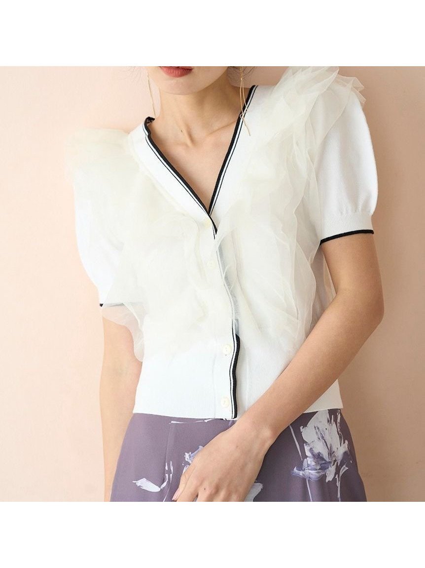 【スナイデル/SNIDEL】のチュールフリルニットプルオーバー 人気、トレンドファッション・服の通販 founy(ファニー) 　ファッション　Fashion　レディースファッション　Fashion for Women　トップス・カットソー　Cut & Sew Tops　ニット　Knit Tops & Sweaters　カジュアルプルオーバー・ニットトップス　Pullovers & Knit Tops / Casual Pullovers　カーディガン　Cardigan, Knitwear　コンパクト　Compact, Small Size　今季　This Season, Current Season　デコルテ　Décolleté, Neckline　定番　Standard, Basic Item　人気　Popular, Best Seller　バランス　Balance, Style Balance　フェミニン　Feminine, Girly　フリル　Frill, Ruffle　おすすめ　Recommended / Our Picks　 other-1|ID: prp329100004615726 ipo3291000000033165240