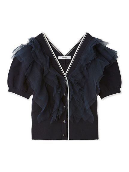 【スナイデル/SNIDEL】のチュールフリルニットプルオーバー インテリア・キッズ・メンズ・レディースファッション・服の通販 founy(ファニー) 　ファッション　Fashion　レディースファッション　Fashion for Women　トップス・カットソー　Cut & Sew Tops　ニット　Knit Tops & Sweaters　カジュアルプルオーバー・ニットトップス　Pullovers & Knit Tops / Casual Pullovers　カーディガン　Cardigan, Knitwear　コンパクト　Compact, Small Size　今季　This Season, Current Season　デコルテ　Décolleté, Neckline　定番　Standard, Basic Item　人気　Popular, Best Seller　バランス　Balance, Style Balance　フェミニン　Feminine, Girly　フリル　Frill, Ruffle　おすすめ　Recommended / Our Picks　NVY[089]|ID: prp329100004615726 ipo3291000000033165243