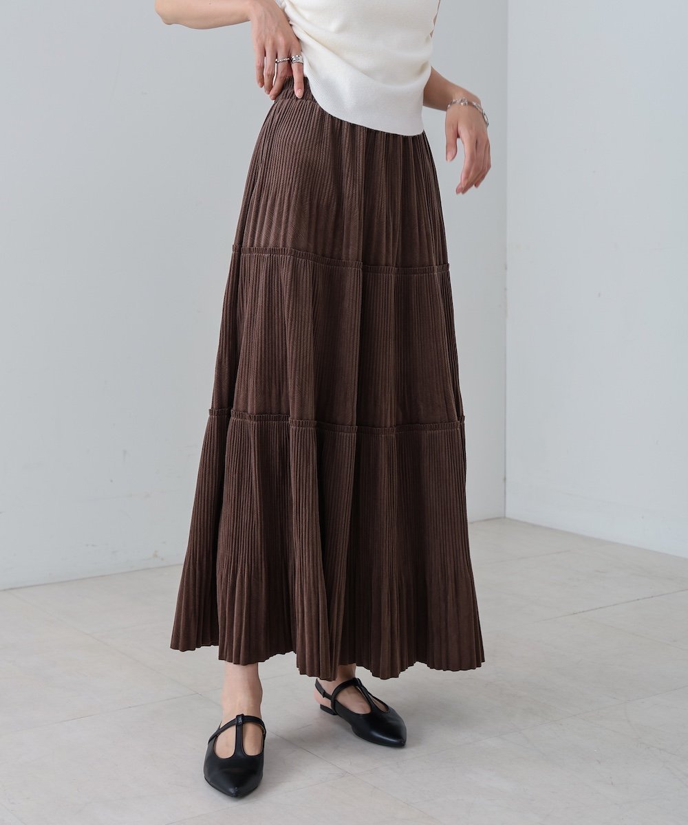 【バブ ブージュルード/Bab Bou Jeloud】のベロアプリーツスカート インテリア・キッズ・メンズ・レディースファッション・服の通販 founy(ファニー) 　ファッション　Fashion　レディースファッション　Fashion for Women　スカート　Skirts　プリーツスカート / 上品フェミニンスタイル　Pleated Skirts　ティアード　Tiered, Tiered Style　ティアードスカート　Tiered Skirt, Flounced Skirt　なめらか　Smooth, Silky Texture　バランス　Balance, Style Balance　プリント　Print, Printed Pattern　プリーツ　Pleats, Pleated　ベロア　Velour, Soft Velvet　おすすめ　Recommended / Our Picks　エレガント 上品　Elegant　BROWN|ID: prp329100004616526 ipo3291000000033066745