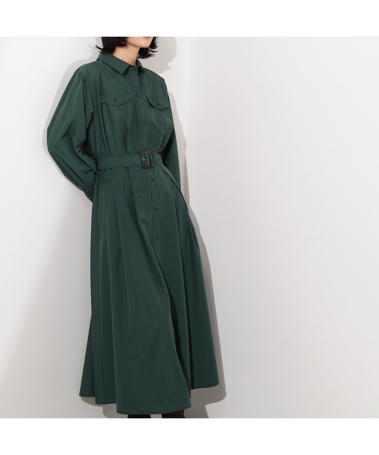 【エヌ ナチュラルビューティーベーシック/N.Natural Beauty basic】のタック入りシャツワンピース インテリア・キッズ・メンズ・レディースファッション・服の通販 founy(ファニー) 　ファッション　Fashion　レディースファッション　Fashion for Women　ワンピース　Dresses　シャツワンピース / 1枚で着映えコーデ　Shirt Dresses　おすすめ　Recommended / Our Picks　タートルネック　Turtleneck, High Neck　ポケット　Pocket, Pocket Detail　リボン　Ribbon, Bow　ディープグリーン1|ID: prp329100004617091 ipo3291000000033650371
