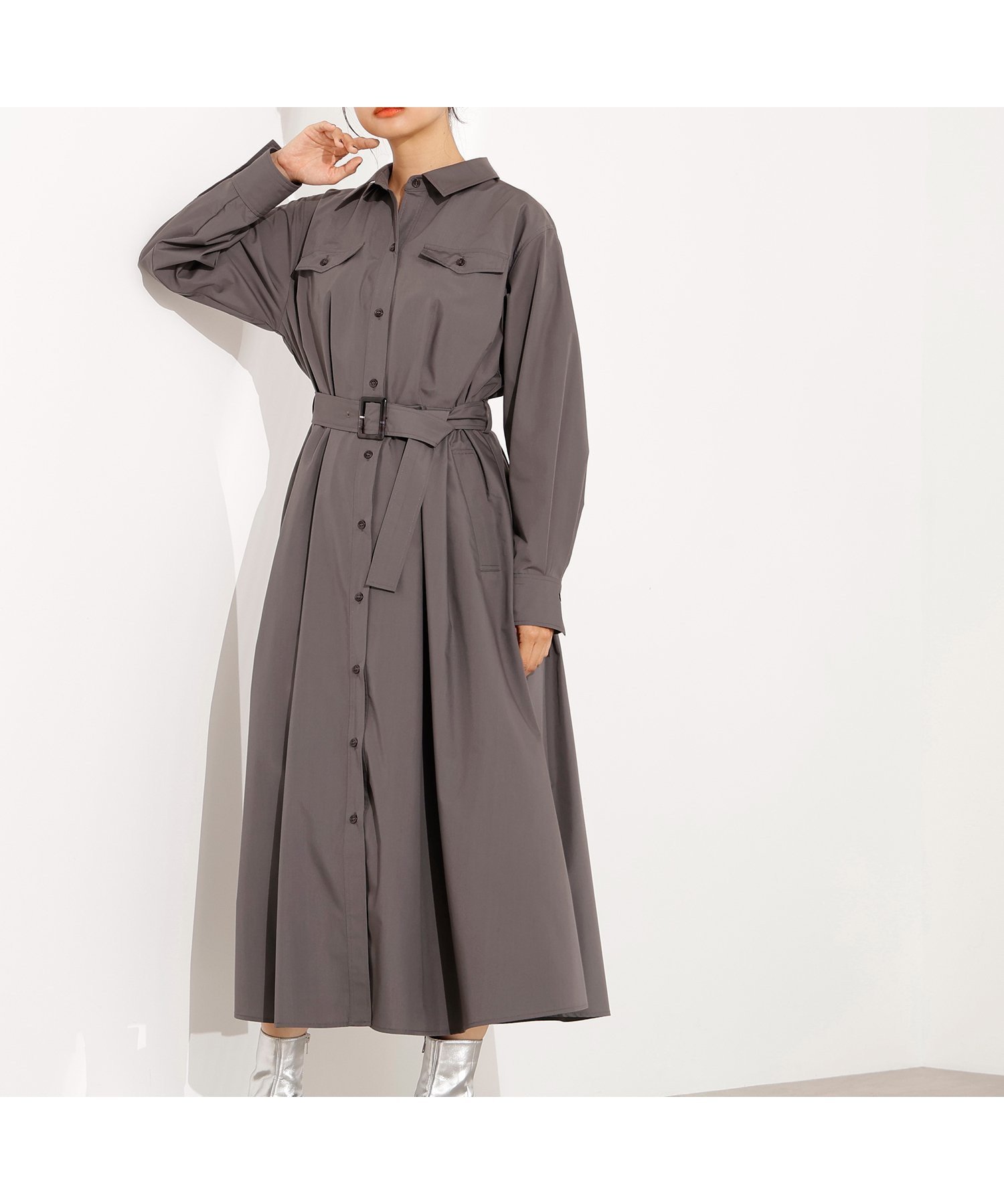 【エヌ ナチュラルビューティーベーシック/N.Natural Beauty basic】のタック入りシャツワンピース インテリア・キッズ・メンズ・レディースファッション・服の通販 founy(ファニー) 　ファッション　Fashion　レディースファッション　Fashion for Women　ワンピース　Dresses　シャツワンピース / 1枚で着映えコーデ　Shirt Dresses　おすすめ　Recommended / Our Picks　タートルネック　Turtleneck, High Neck　ポケット　Pocket, Pocket Detail　リボン　Ribbon, Bow　グレー|ID: prp329100004617091 ipo3291000000033650372