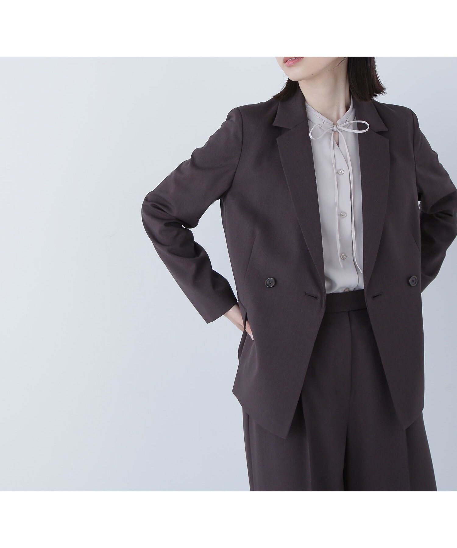 【ナチュラル ビューティー ベーシック/NATURAL BEAUTY BASIC】のパウダリーツイルセットアップシリーズ ダブルテーラードジャケット インテリア・キッズ・メンズ・レディースファッション・服の通販 founy(ファニー) 　ファッション　Fashion　レディースファッション　Fashion for Women　アウター　Coat / Outerwear Collection　レディースジャケット・軽アウター　Jackets　テーラードジャケット / 通勤・きれいめスタイル　Tailored Jackets & Blazers　おすすめ　Recommended / Our Picks　ストレート　Straight, Straight Cut　スーツ　Suit, Formalwear　セットアップ　Set-Up, Coordinated Outfit　ツイル　Twist, Twisted Detail　メランジ　Melange, Mixed Yarn　エレガント 上品　Elegant　洗える　Machine Washable　ダークブラウン1|ID: prp329100004617339 ipo3291000000033084529