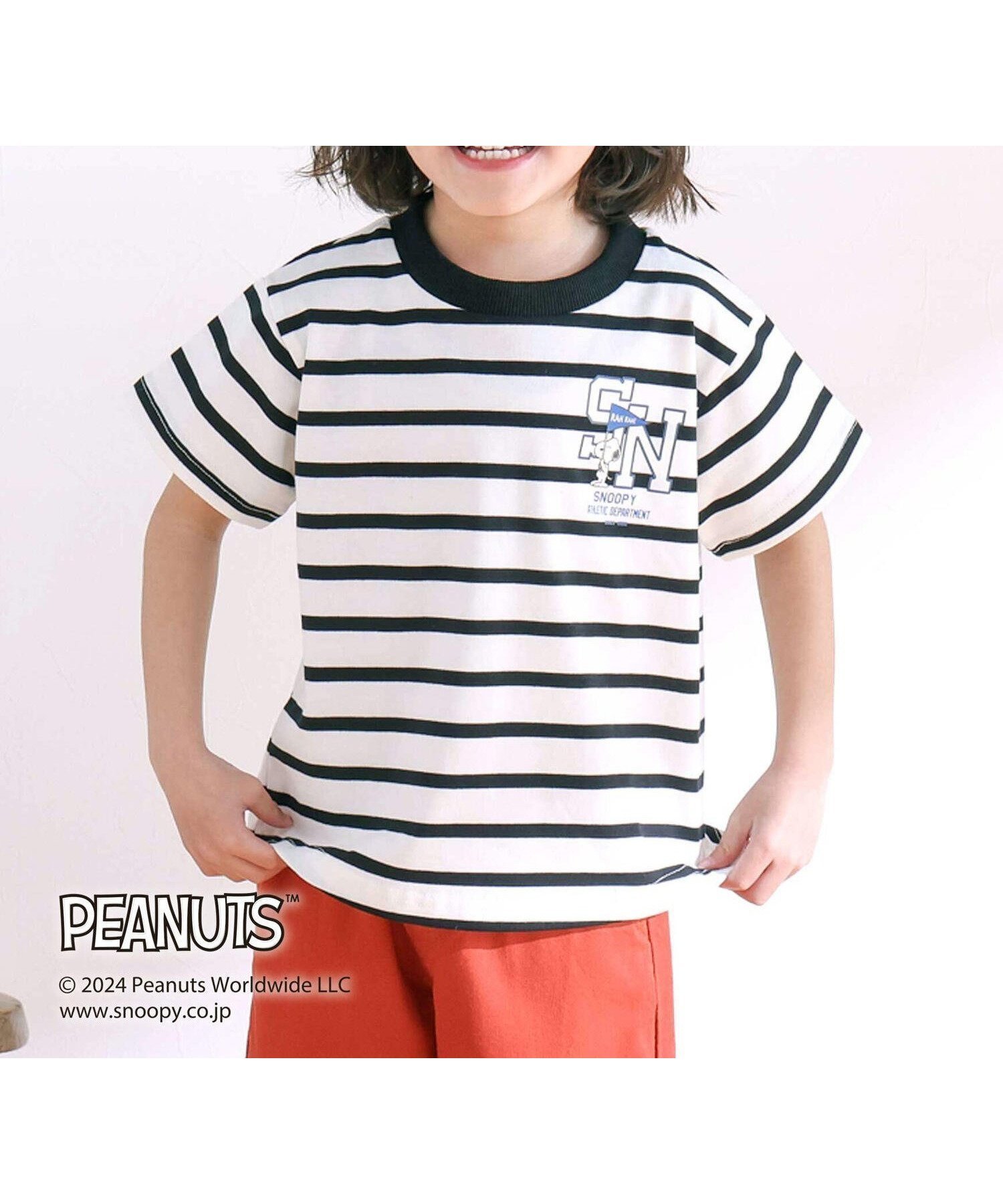 【その他のブランド/Other】の【PEANUTS*SLAP SLIP】ピーナッツの仲間たちバックプリントTシャツ(80~130cm) インテリア・キッズ・メンズ・レディースファッション・服の通販 founy(ファニー) 　ファッション　Fashion　キッズファッション　Fashion for Kids　イエロー　Yellow　キャップ　Cap, Baseball Cap　サロペット　Overalls, Salopette　フロント　Front, Front Design　プリント　Print, Printed Pattern　ボーダー　Border, Stripe　半袖　Short Sleeve, Half Sleeve　おすすめ　Recommended / Our Picks　ブラック系|ID: prp329100004617342 ipo3291000000033506986