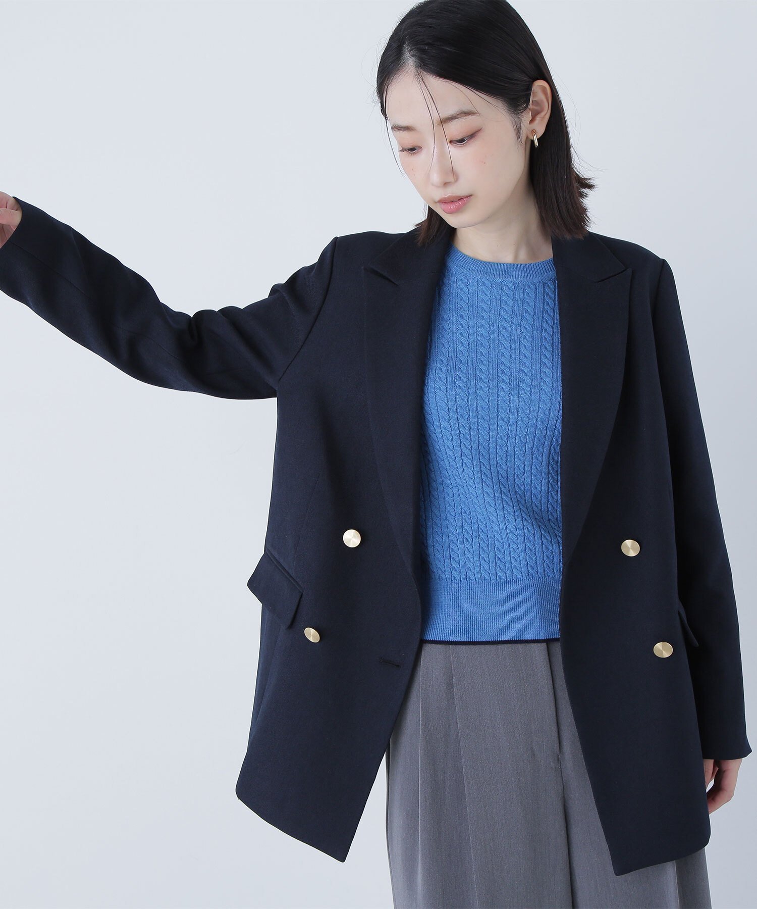 【ナチュラル ビューティー ベーシック/NATURAL BEAUTY BASIC】のダブルブレストボクシージャケット インテリア・キッズ・メンズ・レディースファッション・服の通販 founy(ファニー) 　ファッション　Fashion　レディースファッション　Fashion for Women　アウター　Coat / Outerwear Collection　レディースジャケット・軽アウター　Jackets　おすすめ　Recommended / Our Picks　ストライプ　Stripe, Striped Pattern　トレンド　Trend, Trending Now　フロント　Front, Front Design　メランジ　Melange, Mixed Yarn　無地　Plain, Solid Color　ネイビー|ID: prp329100004617343 ipo3291000000033848768