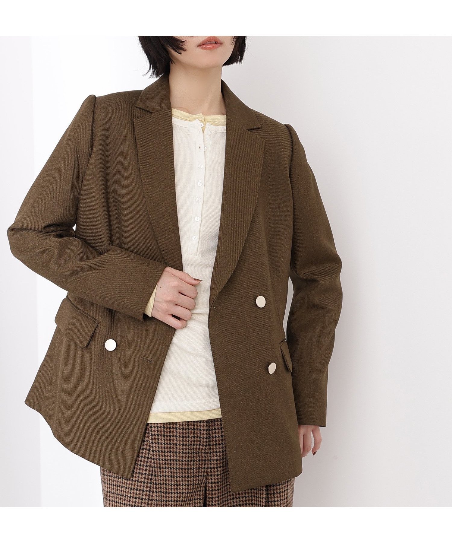 【エヌ ナチュラルビューティーベーシック/N.Natural Beauty basic】のダブルブレストテーラードジャケット インテリア・キッズ・メンズ・レディースファッション・服の通販 founy(ファニー) 　ファッション　Fashion　レディースファッション　Fashion for Women　アウター　Coat / Outerwear Collection　レディースジャケット・軽アウター　Jackets　テーラードジャケット / 通勤・きれいめスタイル　Tailored Jackets & Blazers　おすすめ　Recommended / Our Picks　ストライプ　Stripe, Striped Pattern　チェック　Check, Plaid, Tartan　トレンド　Trend, Trending Now　フロント　Front, Front Design　メランジ　Melange, Mixed Yarn　無地　Plain, Solid Color　カーキ|ID: prp329100004617346 ipo3291000000034007334