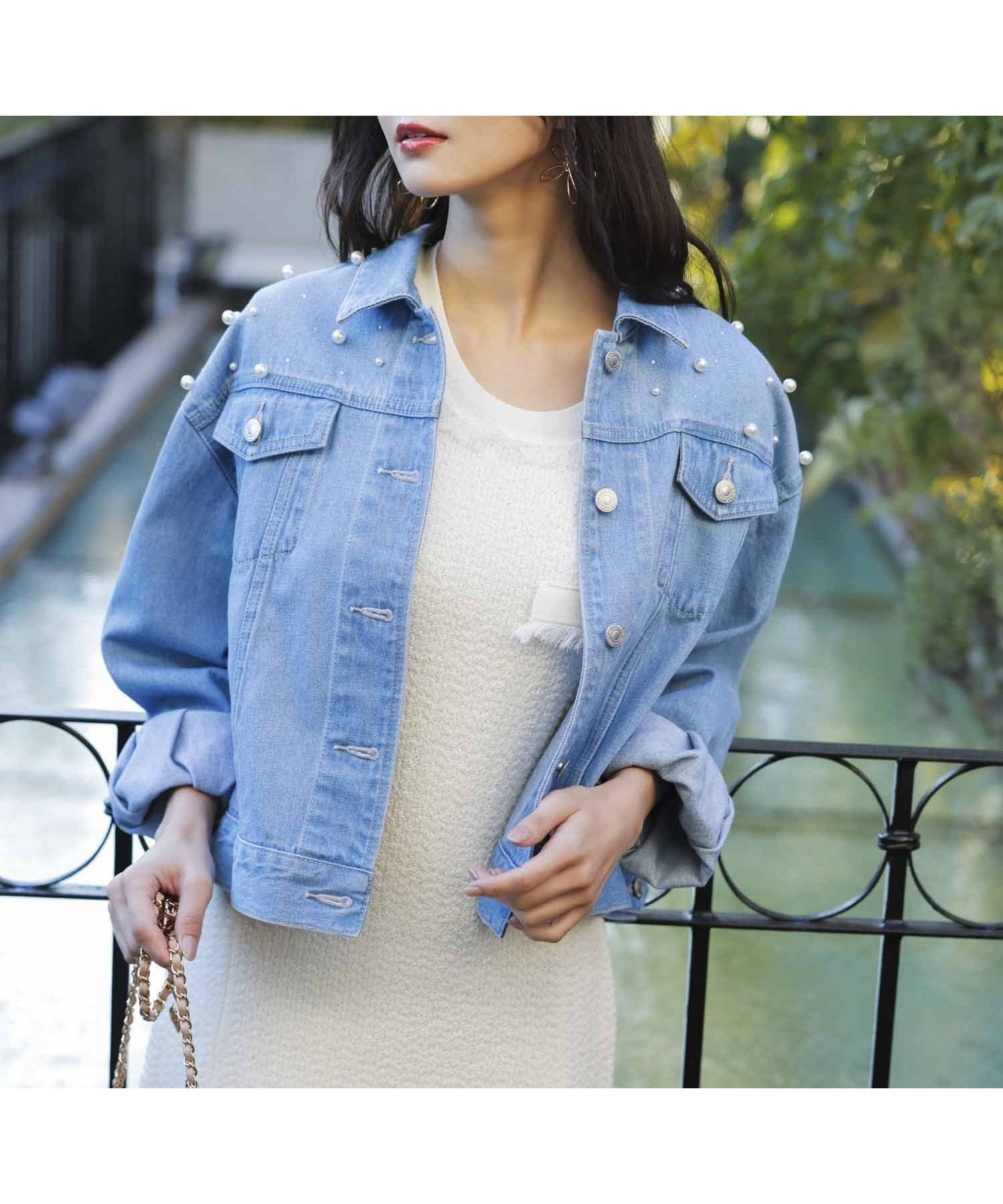 【ノエラ/Noela】のパールビジューデニムジャケット インテリア・キッズ・メンズ・レディースファッション・服の通販 founy(ファニー) 　ファッション　Fashion　レディースファッション　Fashion for Women　アウター　Coat / Outerwear Collection　レディースジャケット・軽アウター　Jackets　デニムジャケット / カジュアルアウター　Denim Jackets　インディゴ　Indigo Denim　ジャケット　Jacket, Outerwear　デニム　Denim, Jeans Material　バランス　Balance, Style Balance　パール　Pearl, Pearl Accent　ビジュー　Bijou, Jewel-like Accent　ポケット　Pocket, Pocket Detail　インディゴブルー|ID: prp329100004618091 ipo3291000000033714000