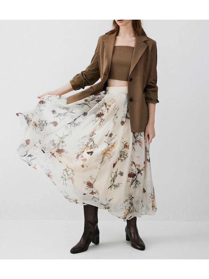 【フレイ アイディー/FRAY I.D】のボタニカルプリントシアータックスカート 人気、トレンドファッション・服の通販 founy(ファニー) 　ファッション　Fashion　レディースファッション　Fashion for Women　スカート　Skirts　おすすめ　Recommended / Our Picks　ギャザー　Gathered, Ruffled　サテン　Satin, Glossy Fabric　シアー　Sheer, See-Through　フレア　Flare, Flared　プリント　Print, Printed Pattern　ボタニカル　Botanical, Floral Pattern　ラグジュアリー　Luxury, Elegant　ランダム　Random, Irregular　秋　Autumn　 other-1|ID: prp329100004618766 ipo3291000000033594174