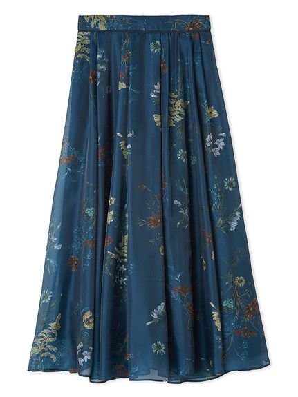 【フレイ アイディー/FRAY I.D】のボタニカルプリントシアータックスカート インテリア・キッズ・メンズ・レディースファッション・服の通販 founy(ファニー) 　ファッション　Fashion　レディースファッション　Fashion for Women　スカート　Skirts　おすすめ　Recommended / Our Picks　ギャザー　Gathered, Ruffled　サテン　Satin, Glossy Fabric　シアー　Sheer, See-Through　フレア　Flare, Flared　プリント　Print, Printed Pattern　ボタニカル　Botanical, Floral Pattern　ラグジュアリー　Luxury, Elegant　ランダム　Random, Irregular　秋　Autumn　BLU[086]|ID: prp329100004618766 ipo3291000000033594180