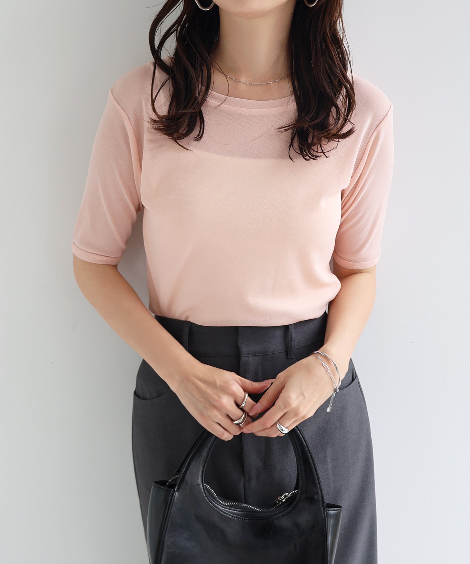 【アンドミー/andme】のコンパクト 半袖 シアー トップス インテリア・キッズ・メンズ・レディースファッション・服の通販 founy(ファニー) 　ファッション　Fashion　レディースファッション　Fashion for Women　トップス・カットソー　Cut & Sew Tops　おすすめ　Recommended / Our Picks　コンパクト　Compact, Small Size　サロペット　Overalls, Salopette　シアー　Sheer, See-Through　シンプル　Simple, Minimal　トレンド　Trend, Trending Now　半袖　Short Sleeve, Half Sleeve　ライトピンク|ID: prp329100004618880 ipo3291000000033570453