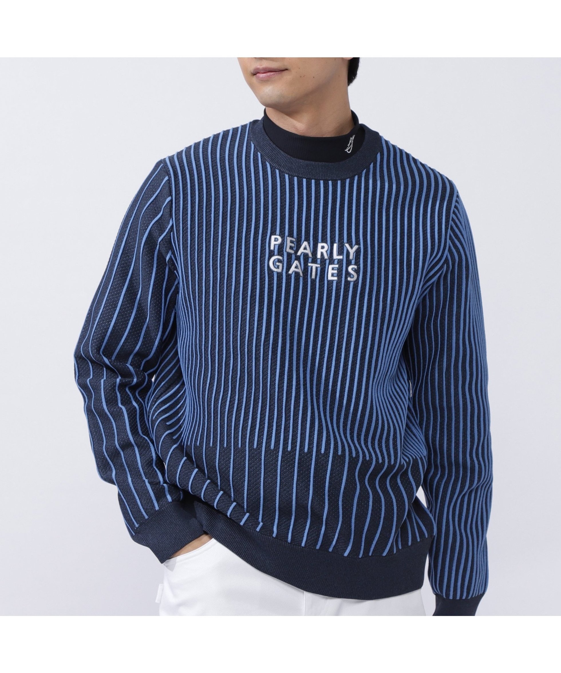 【パーリーゲイツ/PEARLY GATES / MEN】のストライプ クルーネックニットプルオーバー インテリア・キッズ・メンズ・レディースファッション・服の通販 founy(ファニー) 　ファッション　Fashion　メンズファッション　Fashion for Men　トップス・カットソー　Cut & Sew Tops　ニット・セーター / 定番トップス　Knit Tops & Sweaters　おすすめ　Recommended / Our Picks　ゴルフ　Golf　ストライプ　Stripe, Striped Pattern　デニム　Denim, Jeans Material　トレンド　Trend, Trending Now　ベーシック　Basic, Essential　夏　Summer　春　Spring　S/S・春夏　SS, Spring/Summer, Warm Season　デニム風|ID: prp329100004618993 ipo3291000000033121025