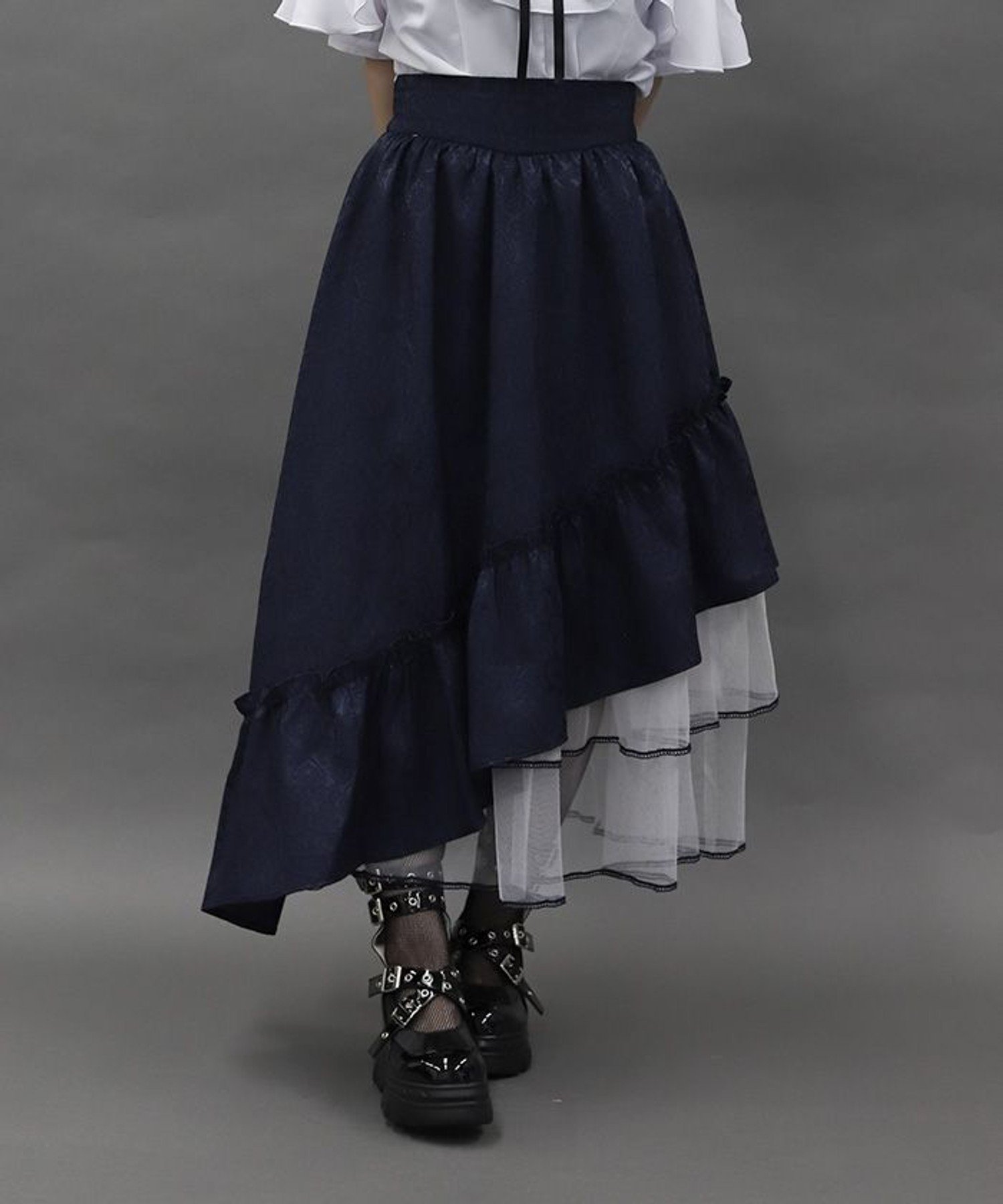 【アクシーズファム/axes femme】のジャカードアシメフリルスカート インテリア・キッズ・メンズ・レディースファッション・服の通販 founy(ファニー) 　ファッション　Fashion　レディースファッション　Fashion for Women　スカート　Skirts　おすすめ　Recommended / Our Picks　クラシカル　Classical, Vintage-Inspired　ジャカード／ジャガード　Jacquard, Woven Pattern　フリル　Frill, Ruffle　紺|ID: prp329100004619693 ipo3291000000033196844