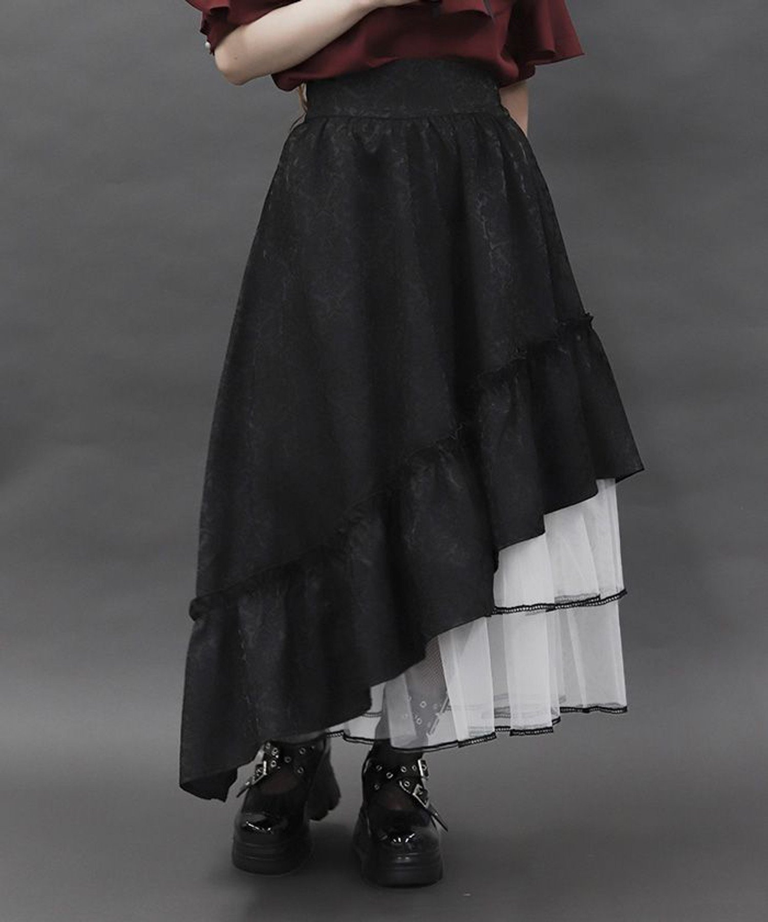 【アクシーズファム/axes femme】のジャカードアシメフリルスカート インテリア・キッズ・メンズ・レディースファッション・服の通販 founy(ファニー) 　ファッション　Fashion　レディースファッション　Fashion for Women　スカート　Skirts　おすすめ　Recommended / Our Picks　クラシカル　Classical, Vintage-Inspired　ジャカード／ジャガード　Jacquard, Woven Pattern　フリル　Frill, Ruffle　黒|ID: prp329100004619693 ipo3291000000033196848