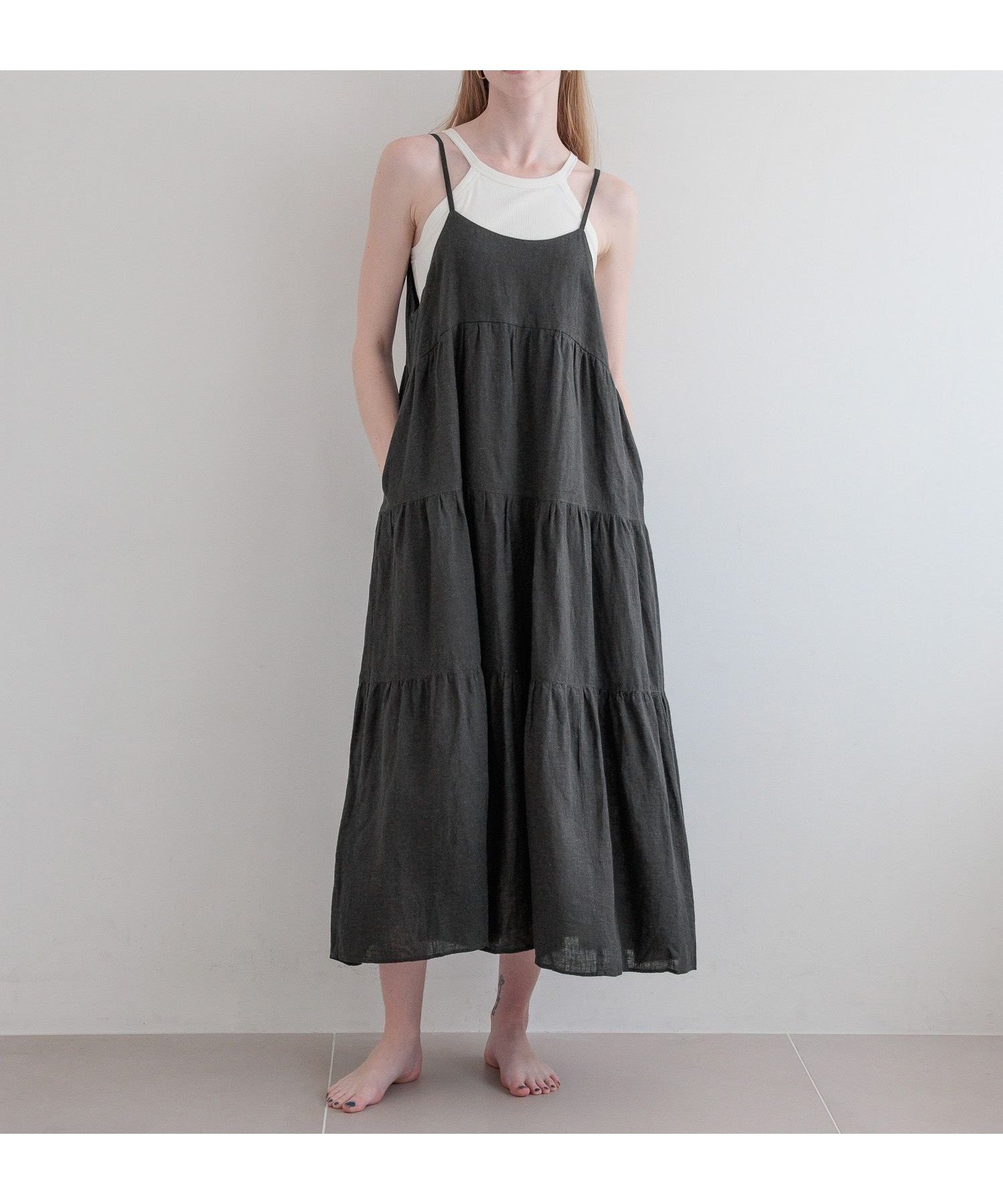 【ベイフロー/BAYFLOW】の【bijorie】ティアードキャミワンピ インテリア・キッズ・メンズ・レディースファッション・服の通販 founy(ファニー) 　ファッション　Fashion　レディースファッション　Fashion for Women　ワンピース　Dresses　キャミソールワンピース　Camisole Dresses　おすすめ　Recommended / Our Picks　ベーシック　Basic, Essential　ラップ　Wrap, Wrap Design　リネン　Linen, Linen Fabric　チャコール|ID: prp329100004620628 ipo3291000000033146576