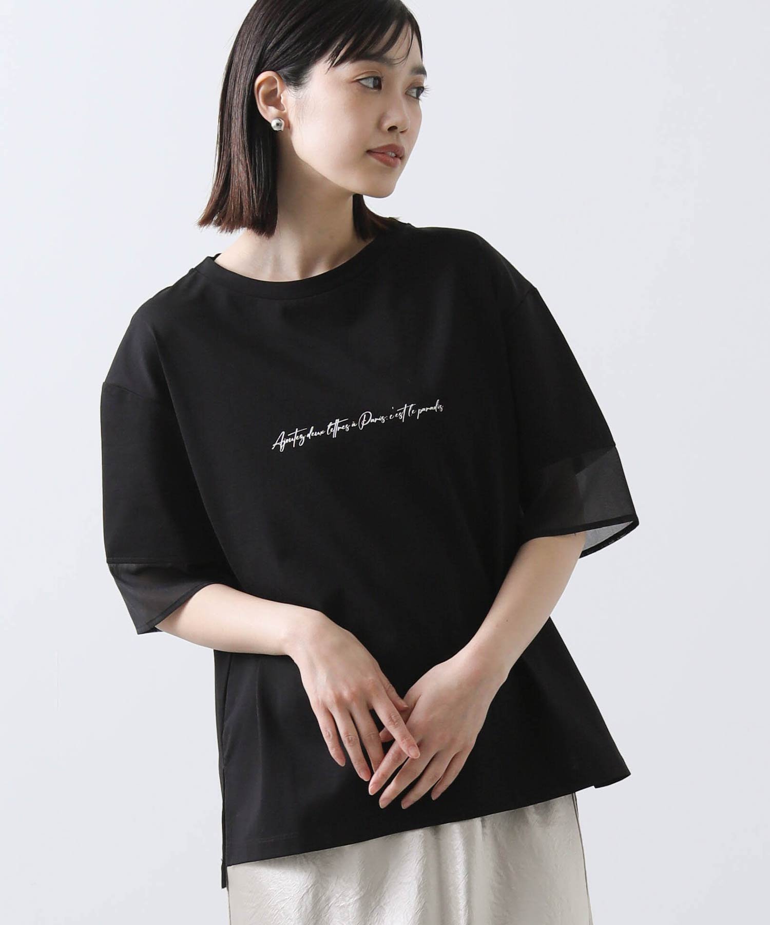 【グレディブリリアン/Gready Brilliant】のロゴ袖シアー切替HS インテリア・キッズ・メンズ・レディースファッション・服の通販 founy(ファニー) 　ファッション　Fashion　レディースファッション　Fashion for Women　トップス・カットソー　Cut & Sew Tops　カットソー　Cut and Sewn Top　カーディガン　Cardigan, Knitwear　シアー　Sheer, See-Through　ジャケット　Jacket, Outerwear　プリント　Print, Printed Pattern　エレガント 上品　Elegant　切替　Switching, Contrast Panel　BLK|ID: prp329100004620838 ipo3291000000033583552