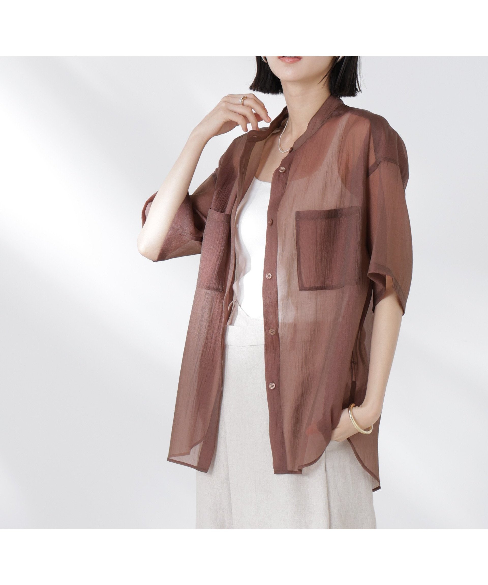 【ナノ ユニバース/nano universe】のバンドカラーシアー半袖シャツ インテリア・キッズ・メンズ・レディースファッション・服の通販 founy(ファニー) 　ファッション　Fashion　レディースファッション　Fashion for Women　トップス・カットソー　Cut & Sew Tops　シャツ・ブラウス・オフィスカジュアル　Elegant Blouses & Button-Ups　インナー　Innerwear　ウォッシャブル　Machine Washable　キャミソール　Camisole, Spaghetti Strap Top　シアー　Sheer, See-Through　シンプル　Simple, Minimal　タンク　Tank Top, Sleeveless Top　トレンド　Trend, Trending Now　ベーシック　Basic, Essential　ポケット　Pocket, Pocket Detail　半袖　Short Sleeve, Half Sleeve　羽織　Haori, Light Jacket　リラックス　Relax, Relaxed Fit　おすすめ　Recommended / Our Picks　夏　Summer　2025年　2025　2025春夏・S/S　Spring/Summer 2025 SS25　ブラウン|ID: prp329100004620974 ipo3291000000033153006