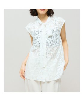 【マーコート/MARcourt】のMIDIUMISOLID for Ladies レースボウタイノースリーブブラウス 人気、トレンドファッション・服の通販 founy(ファニー) ファッション Fashion レディースファッション Fashion for Women トップス・カットソー Cut & Sew Tops キャミソール&ノースリーブ Camisoles & Sleeveless Tops シャツ・ブラウス・オフィスカジュアル Elegant Blouses & Button-Ups ノースリーブ Sleeveless, No-Sleeve フロント Front, Front Design ベスト Vest, Waistcoat ポケット Pocket, Pocket Detail ラッセル Raschel, Raschel Lace レース Lace, Lace Fabric |ID:prp329100004621937