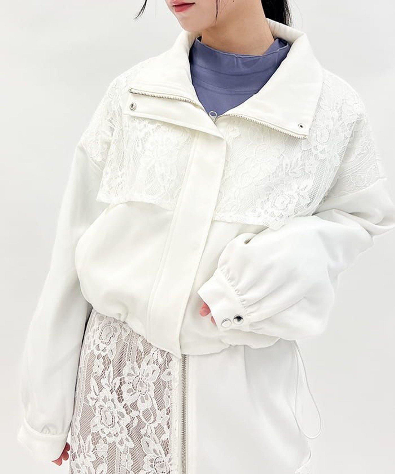 【アクシーズファム/axes femme】のレース切替ショートブルゾン インテリア・キッズ・メンズ・レディースファッション・服の通販 founy(ファニー) 　ファッション　Fashion　レディースファッション　Fashion for Women　アウター　Coat / Outerwear Collection　ブルゾンジャケット・スポーティアウター　Blouson Jackets　おすすめ　Recommended / Our Picks　ショート　Short, Short Length　ジップ　Zip, Zipper　スタイリッシュ　Stylish, Fashionable　セットアップ　Set-Up, Coordinated Outfit　ブルゾン　Blouson, Bomber Jacket　ボトム　Bottoms, Lower Wear　レース　Lace, Lace Fabric　切替　Switching, Contrast Panel　白|ID: prp329100004622283 ipo3291000000033172303