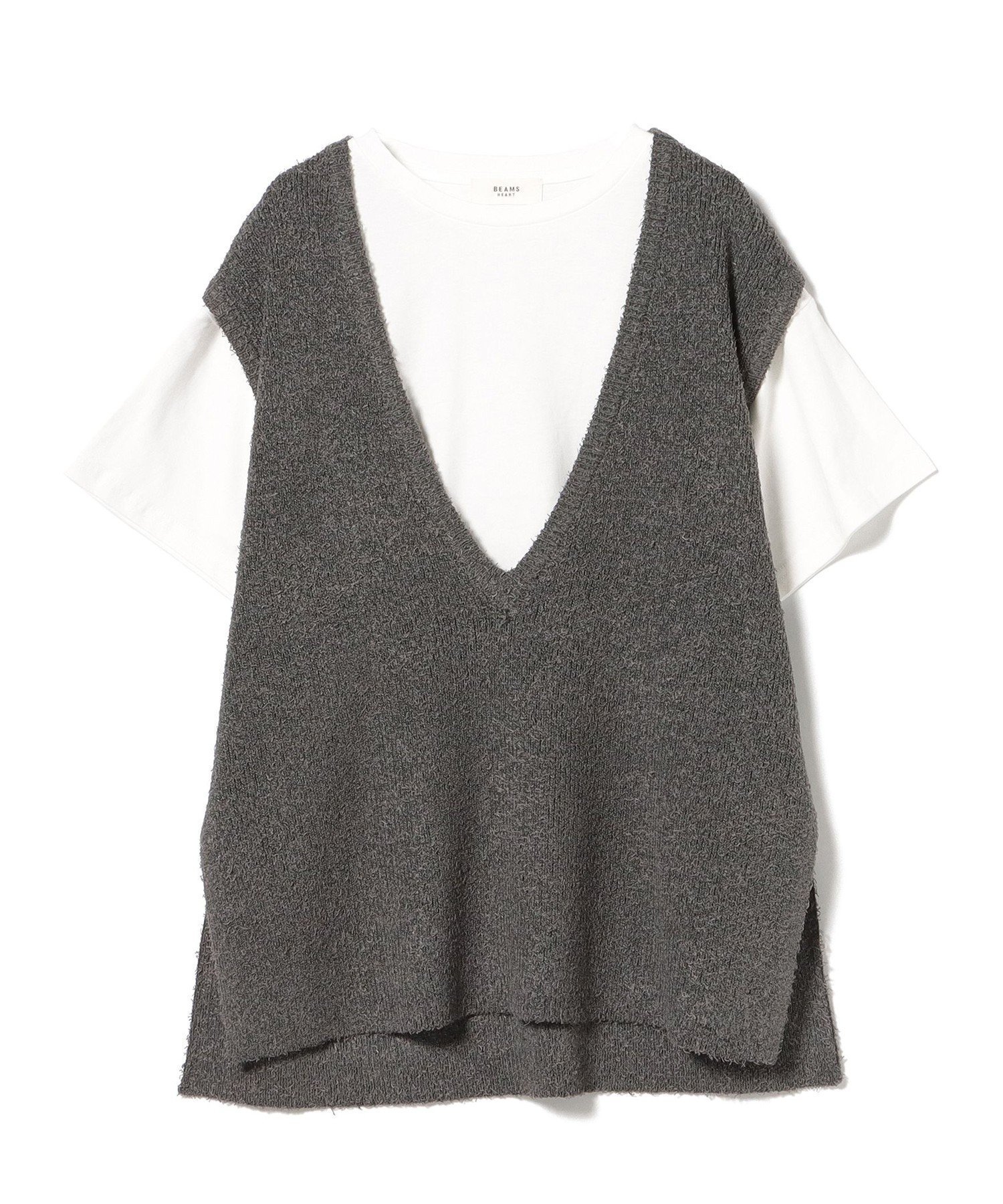 【ビームス ハート/BEAMS HEART】のVネックニットベスト * Tシャツ(セットアイテム) インテリア・キッズ・メンズ・レディースファッション・服の通販 founy(ファニー) 　ファッション　Fashion　レディースファッション　Fashion for Women　アウター　Coat / Outerwear Collection　トップス・カットソー　Cut & Sew Tops　ニット　Knit Tops & Sweaters　シャツ・ブラウス・オフィスカジュアル　Elegant Blouses & Button-Ups　ロングTシャツ・Tシャツ　Longline T-Shirts & Tees　ベスト&ジレ / 重ね着スタイル　Vests & Gilets　Vネックトップス　V-Neck Tops / V-Cut Neckline Shirts　デニム　Denim, Jeans Material　トレンド　Trend, Trending Now　ベスト　Vest, Waistcoat　ミックス　Mix, Mixed Style　ワイド　Wide, Wide Fit　CHARCOAL×OFF|ID: prp329100004622888 ipo3291000000033649052