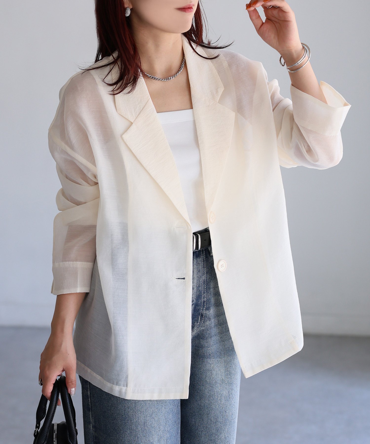 【リベリー/Riberry】のシアーテーラードジャケット インテリア・キッズ・メンズ・レディースファッション・服の通販 founy(ファニー) 　ファッション　Fashion　レディースファッション　Fashion for Women　アウター　Coat / Outerwear Collection　レディースジャケット・軽アウター　Jackets　テーラードジャケット / 通勤・きれいめスタイル　Tailored Jackets & Blazers　インナー　Innerwear　春　Spring　キャミソール　Camisole, Spaghetti Strap Top　クラシック　Classic, Timeless Style　コンパクト　Compact, Small Size　シアー　Sheer, See-Through　シンプル　Simple, Minimal　タンク　Tank Top, Sleeveless Top　テーラード　Tailored, Tailored Fit　人気　Popular, Best Seller　長袖　Long Sleeve, Full Sleeve　バランス　Balance, Style Balance　リネン　Linen, Linen Fabric　おすすめ　Recommended / Our Picks　エレガント 上品　Elegant　アイボリー|ID: prp329100004623262 ipo3291000000033191168