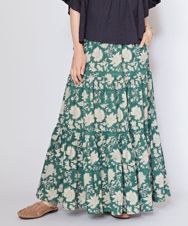 【アミナコレクション/Amina Collection】の【チャイハネ】タニーシュスカート インテリア・キッズ・メンズ・レディースファッション・服の通販 founy(ファニー) 　ファッション　Fashion　レディースファッション　Fashion for Women　スカート　Skirts　インド　Indian Textile　ティアードスカート　Tiered Skirt, Flounced Skirt　ブロック　Block, Solid Block Pattern　プリント　Print, Printed Pattern　ポケット　Pocket, Pocket Detail　グリーン|ID: prp329100004623287 ipo3291000000033423617