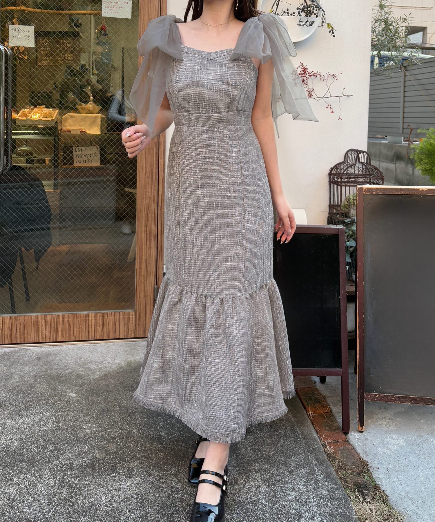 【ジュノア/JUNOAH】のチュールリボンツイードマーメイドワンピース インテリア・キッズ・メンズ・レディースファッション・服の通販 founy(ファニー) 　ファッション　Fashion　レディースファッション　Fashion for Women　ワンピース　Dresses　ライトグレー|ID: prp329100004623422 ipo3291000000033213004