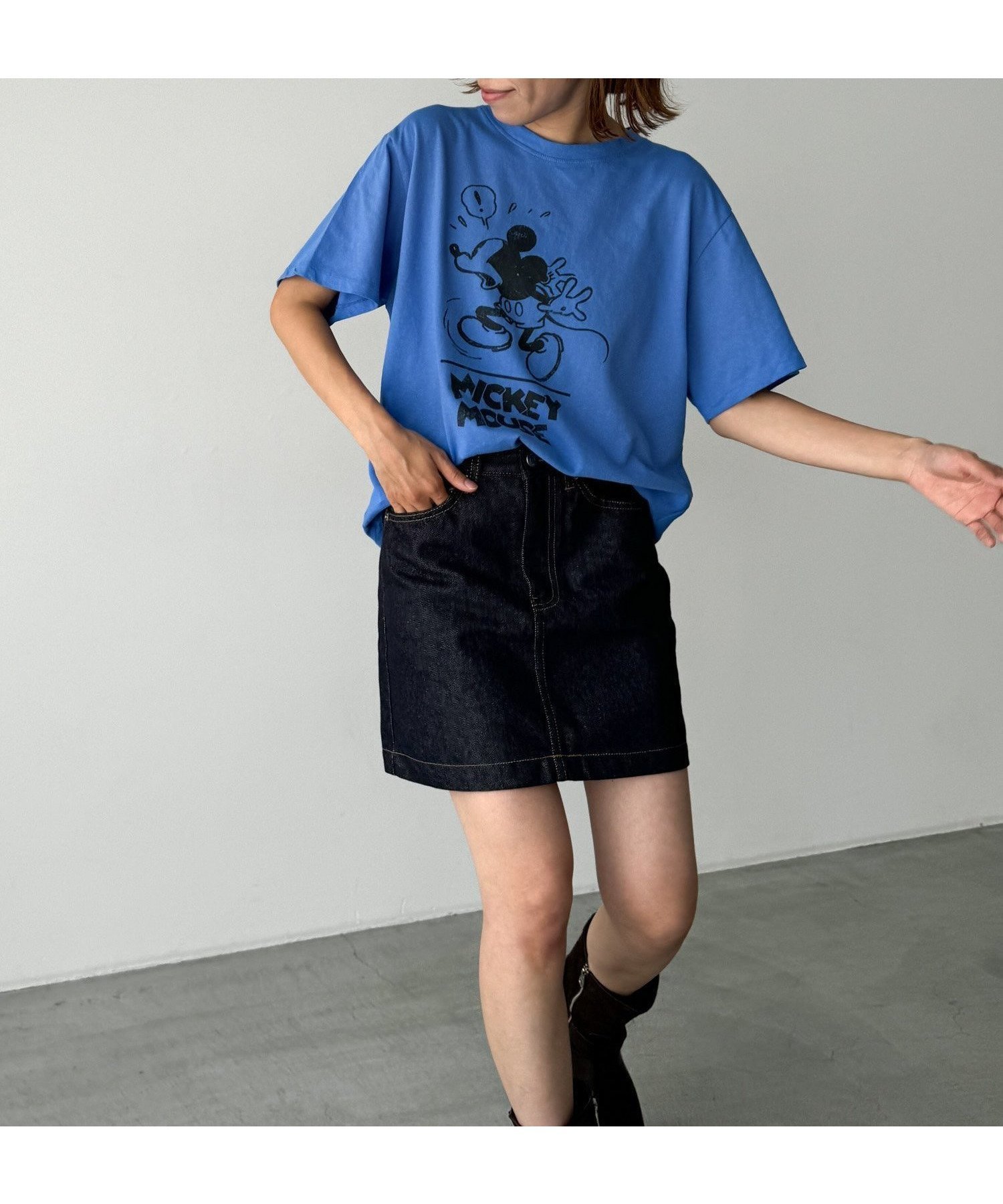 【キャナルジーン/CANAL JEAN】のEl mar びっくりミッキーTシャツ インテリア・キッズ・メンズ・レディースファッション・服の通販 founy(ファニー) 　ファッション　Fashion　レディースファッション　Fashion for Women　トップス・カットソー　Cut & Sew Tops　シャツ・ブラウス・オフィスカジュアル　Elegant Blouses & Button-Ups　ロングTシャツ・Tシャツ　Longline T-Shirts & Tees　おすすめ　Recommended / Our Picks　ダメージ　Distressed, Destroyed　デニム　Denim, Jeans Material　プリント　Print, Printed Pattern　ボトム　Bottoms, Lower Wear　半袖　Short Sleeve, Half Sleeve　夏　Summer　ブルー|ID: prp329100004623835 ipo3291000000033199347