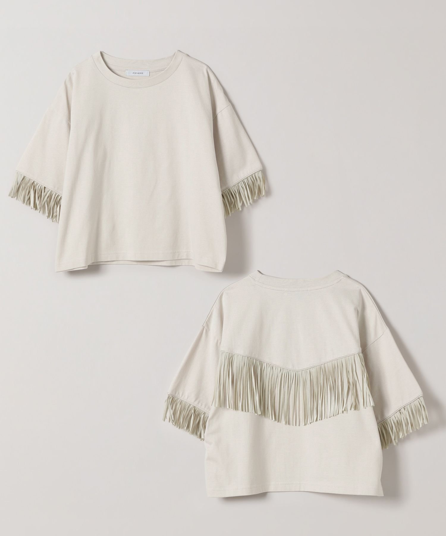 【ジーナシス/JEANASiS】のフリンジショートTEE SS【新色追加】 インテリア・キッズ・メンズ・レディースファッション・服の通販 founy(ファニー) 　ファッション　Fashion　レディースファッション　Fashion for Women　おすすめ　Recommended / Our Picks　アクセサリー　Fashion Accessories　コンパクト　Compact, Small Size　シンプル　Simple, Minimal　デニム　Denim, Jeans Material　トレンド　Trend, Trending Now　フェミニン　Feminine, Girly　フラット　Flat, Flat Shoes　フレア　Flare, Flared　フロント　Front, Front Design　ベーシック　Basic, Essential　ボックス　Boxy, Box Shape　ボトム　Bottoms, Lower Wear　定番　Standard, Basic Item　グレージュ|ID: prp329100004623877 ipo3291000000033199741