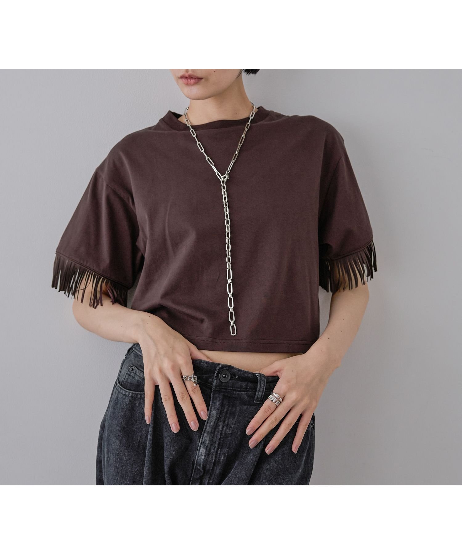 【ジーナシス/JEANASiS】のフリンジショートTEE SS【新色追加】 インテリア・キッズ・メンズ・レディースファッション・服の通販 founy(ファニー) 　ファッション　Fashion　レディースファッション　Fashion for Women　おすすめ　Recommended / Our Picks　アクセサリー　Fashion Accessories　コンパクト　Compact, Small Size　シンプル　Simple, Minimal　デニム　Denim, Jeans Material　トレンド　Trend, Trending Now　フェミニン　Feminine, Girly　フラット　Flat, Flat Shoes　フレア　Flare, Flared　フロント　Front, Front Design　ベーシック　Basic, Essential　ボックス　Boxy, Box Shape　ボトム　Bottoms, Lower Wear　定番　Standard, Basic Item　ブラウン|ID: prp329100004623877 ipo3291000000033199742
