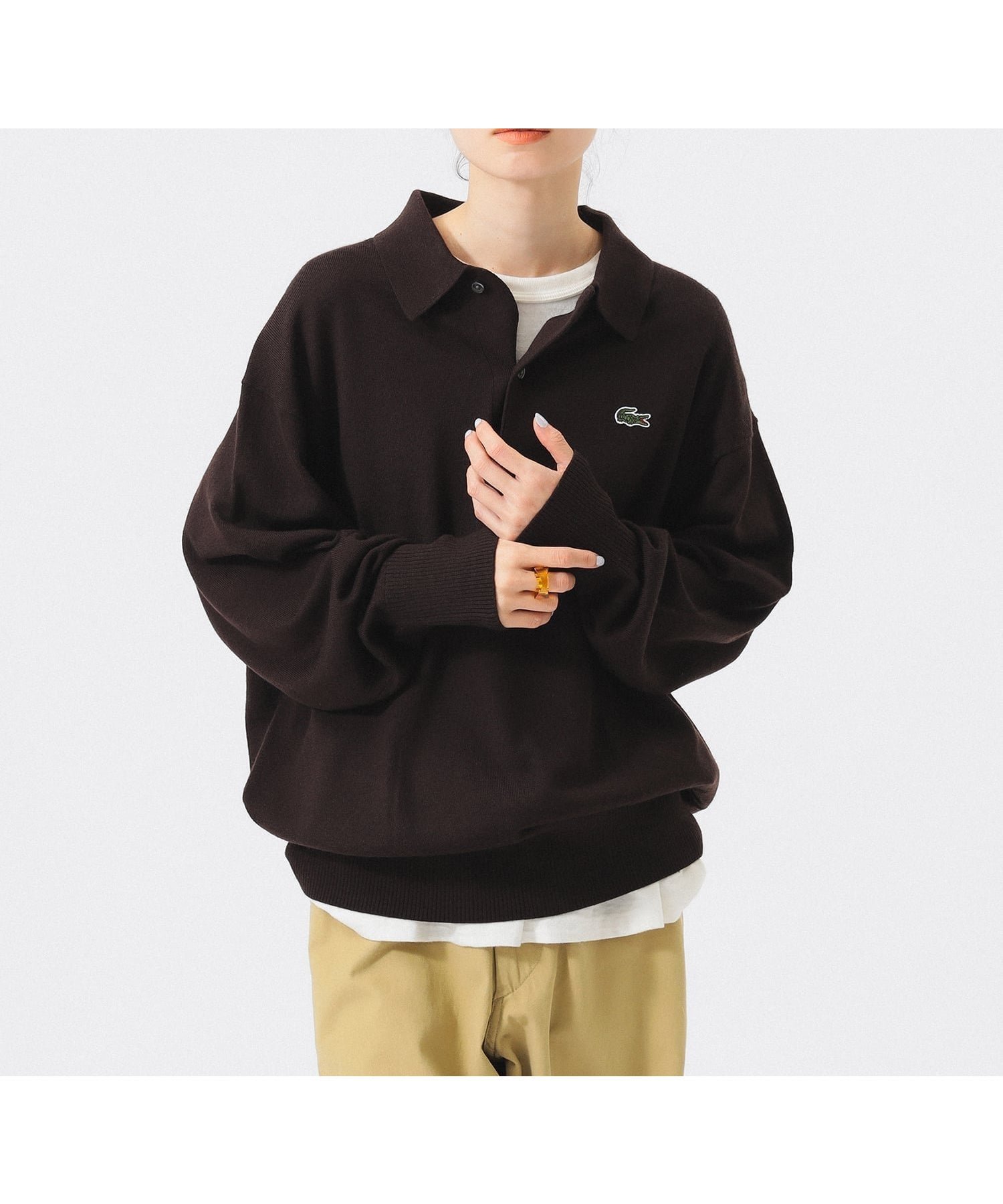 【ビームス ウイメン/BEAMS】の【別注】LACOSTE / ニット ポロシャツ 25AW ラコステ 大人カジュアル オーバーサイズ インテリア・キッズ・メンズ・レディースファッション・服の通販 founy(ファニー) 　ファッション　Fashion　レディースファッション　Fashion for Women　トップス・カットソー　Cut & Sew Tops　ニット　Knit Tops & Sweaters　シャツ・ブラウス・オフィスカジュアル　Elegant Blouses & Button-Ups　ポロシャツ・きれいめカジュアル　Smart-Casual Polo Tops　インナー　Innerwear　ウェーブ　Wavy Pattern　クラシック　Classic, Timeless Style　シンプル　Simple, Minimal　ジャケット　Jacket, Outerwear　スポーツ　Sports, Activewear　スラックス　Slacks, Dress Pants　デニム　Denim, Jeans Material　定番　Standard, Basic Item　人気　Popular, Best Seller　バランス　Balance, Style Balance　フランス　France, French　ベーシック　Basic, Essential　ボトム　Bottoms, Lower Wear　ポロシャツ　Polo Shirt, Collared Tee　別注　Limited Edition, Custom Order　リラックス　Relax, Relaxed Fit　エレガント 上品　Elegant　2025年　2025　2025-2026秋冬・A/W　Autumn/Winter 2025–26 AW25–26　BROWN|ID: prp329100004623957 ipo3291000000034004060