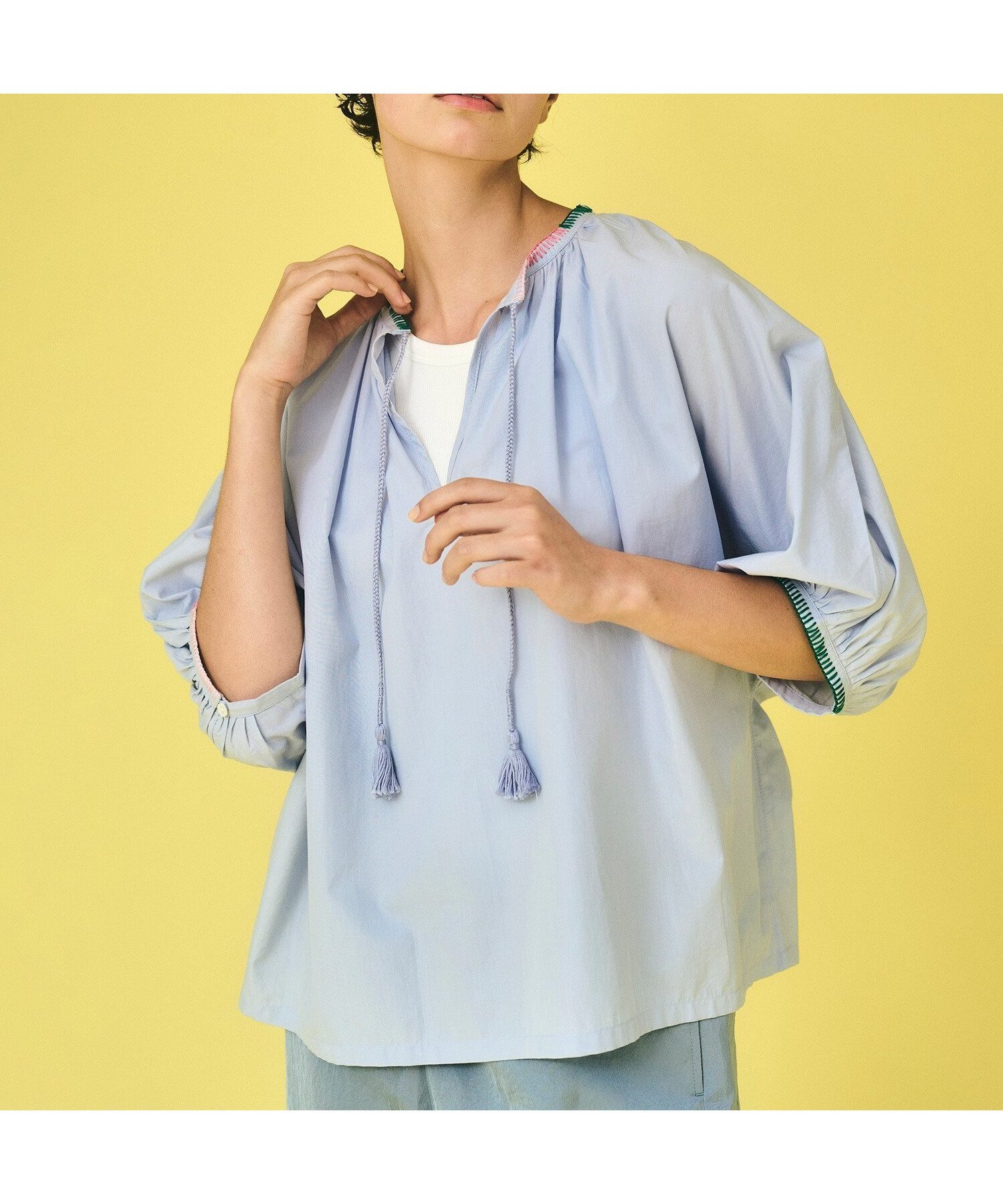 【ビショップ/Bshop】のスビンコットン 刺繍プルオーバーシャツ WOMEN インテリア・キッズ・メンズ・レディースファッション・服の通販 founy(ファニー) 　ファッション　Fashion　レディースファッション　Fashion for Women　トップス・カットソー　Cut & Sew Tops　シャツ・ブラウス・オフィスカジュアル　Elegant Blouses & Button-Ups　カジュアルプルオーバー・ニットトップス　Pullovers & Knit Tops / Casual Pullovers　おすすめ　Recommended / Our Picks　シルク　Silk, 100% Silk　スキッパー　Skipper, Open Collar　タッセル　Tassel, Fringe　ハンド　Hand, Handmade　バランス　Balance, Style Balance　フロント　Front, Front Design　ブランケット　Blanket, Throw Blanket　エレガント 上品　Elegant　SAX|ID: prp329100004623960 ipo3291000000033201055