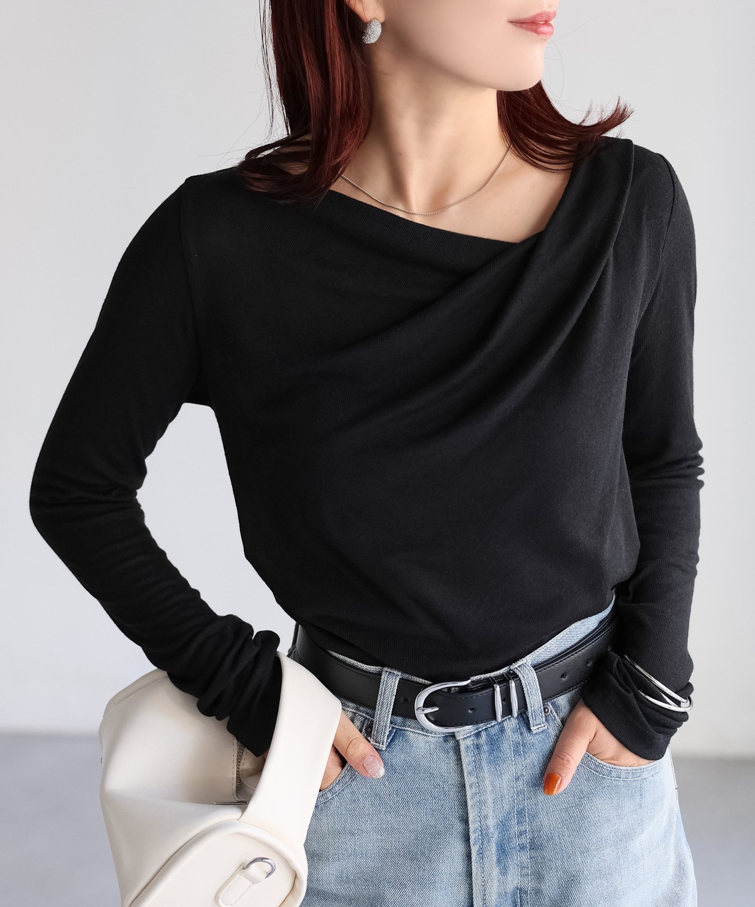 【リベリー/Riberry】のドレープデザインシアートップス インテリア・キッズ・メンズ・レディースファッション・服の通販 founy(ファニー) 　ファッション　Fashion　レディースファッション　Fashion for Women　トップス・カットソー　Cut & Sew Tops　インナー　Innerwear　キャミ　Camisole, Cami Top　ギャザー　Gathered, Ruffled　スラックス　Slacks, Dress Pants　チューブ　Tube, Tube Top　デコルテ　Décolleté, Neckline　デニム　Denim, Jeans Material　なめらか　Smooth, Silky Texture　長袖　Long Sleeve, Full Sleeve　バランス　Balance, Style Balance　マーメイド　Mermaid, Fishtail Silhouette　おすすめ　Recommended / Our Picks　エレガント 上品　Elegant　ブラック|ID: prp329100004624487 ipo3291000000033648998