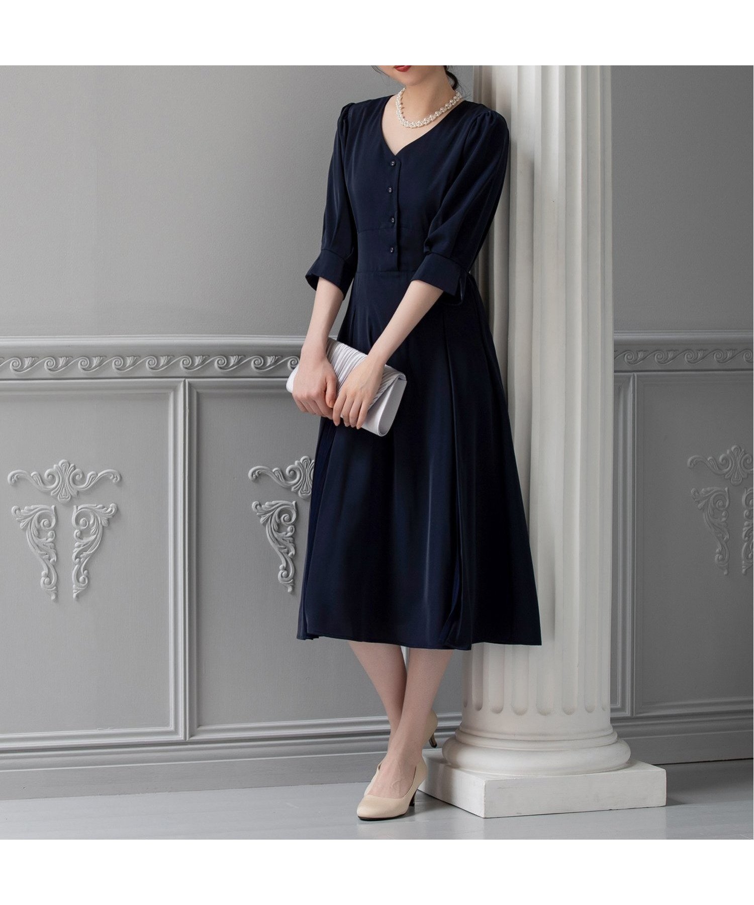 【ドレス/DRESS+】のワンピース 袖付き 披露宴 結婚式 オフィス パーティードレス インテリア・キッズ・メンズ・レディースファッション・服の通販 founy(ファニー) 　ファッション　Fashion　レディースファッション　Fashion for Women　ワンピース　Dresses　フォーマル・パーティードレス・結婚式用ドレス　Elegant & Casual Dresses　ギャザー　Gathered, Ruffled　コルセット　Corset, Bustier　ストール　Stole, Wrap　デコルテ　Décolleté, Neckline　ドレス　Dress, One-Piece　フレア　Flare, Flared　フロント　Front, Front Design　プリーツ　Pleats, Pleated　ボレロ　Bolero, Short Cardigan　エレガント 上品　Elegant　結婚式　Wedding　披露宴　Wedding Reception　ネイビー|ID: prp329100004625108 ipo3291000000033223920