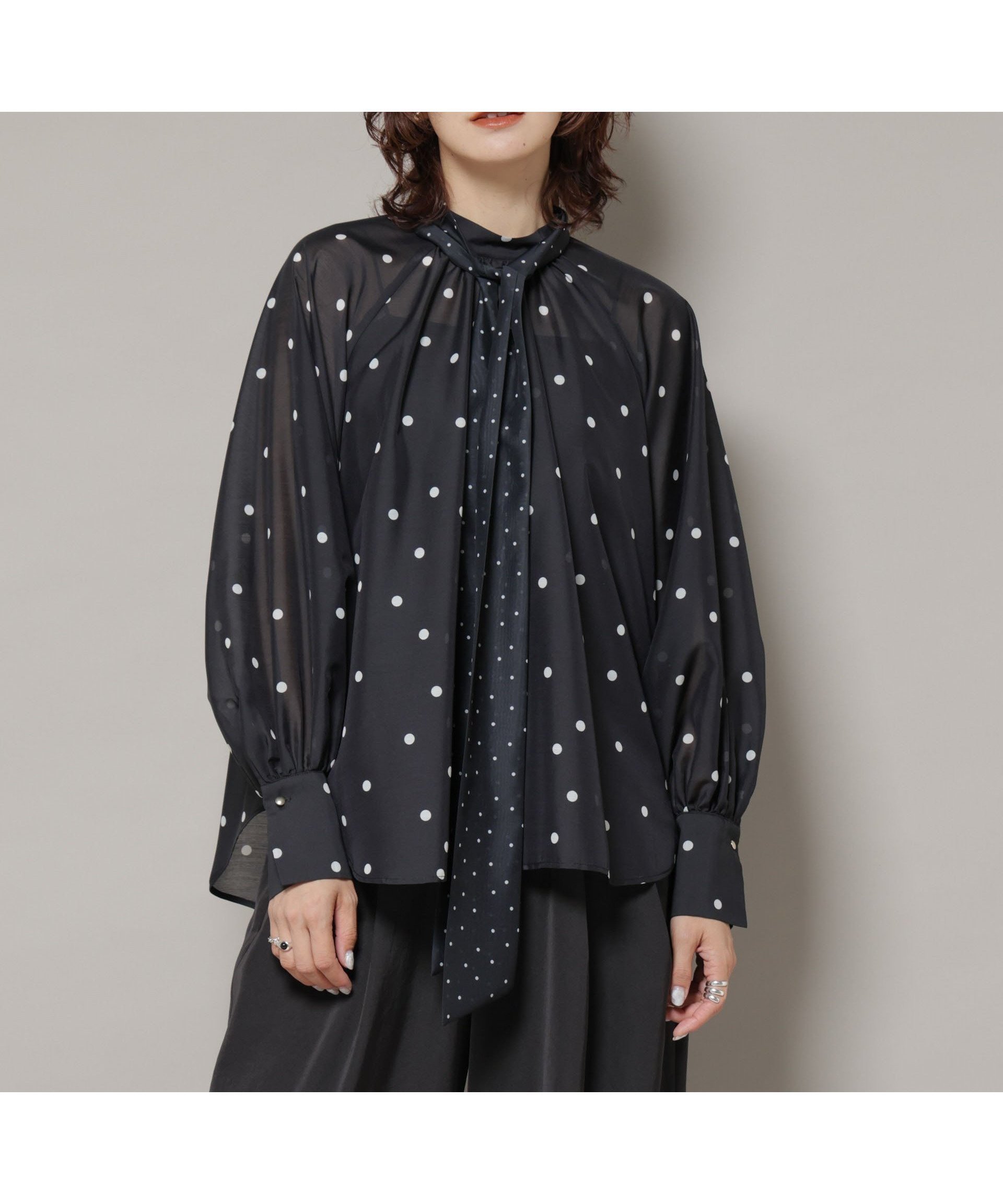 【ナノ ユニバース/nano universe】のランダムドットボータイ付きブラウス インテリア・キッズ・メンズ・レディースファッション・服の通販 founy(ファニー) 　ファッション　Fashion　レディースファッション　Fashion for Women　トップス・カットソー　Cut & Sew Tops　シャツ・ブラウス・オフィスカジュアル　Elegant Blouses & Button-Ups　ギャザー　Gathered, Ruffled　コンビ　Combo, Combination Style　シアー　Sheer, See-Through　ジャケット　Jacket, Outerwear　スカーフ　Scarf, Neckwear　スタンド　Stand Collar, Upright Stand　セットアップ　Set-Up, Coordinated Outfit　デニム　Denim, Jeans Material　ドット　Polka Dot, Dot Pattern　ブラウジング　Blouson Silhouette, Cinched Waist　プリント　Print, Printed Pattern　ランダム　Random, Irregular　リボン　Ribbon, Bow　エレガント 上品　Elegant　2025年　2025　2025-2026秋冬・A/W　Autumn/Winter 2025–26 AW25–26　ブラック|ID: prp329100004625220 ipo3291000000033226821