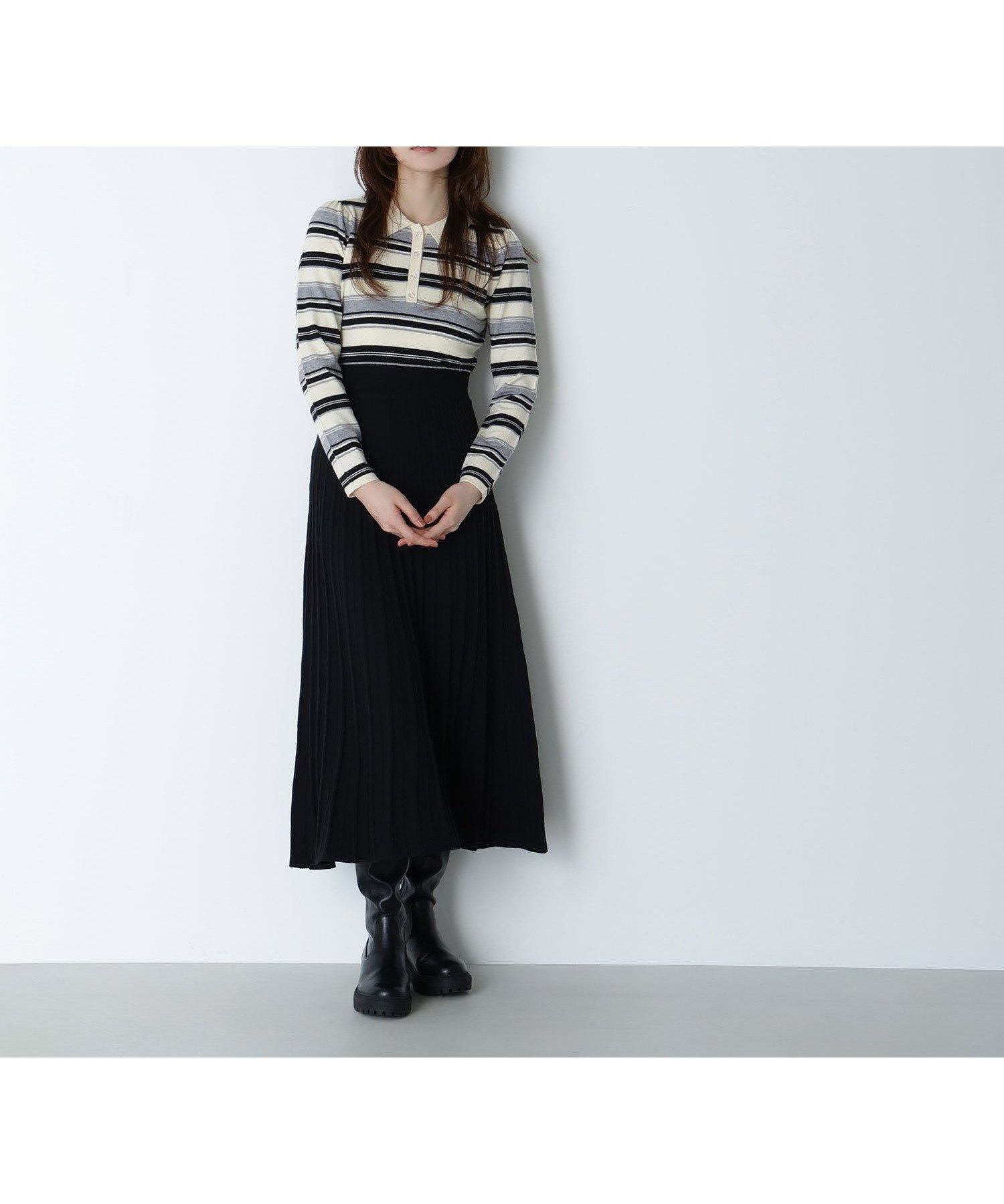 【ナチュラル ビューティー ベーシック/NATURAL BEAUTY BASIC】のマルチボーダーワンピース インテリア・キッズ・メンズ・レディースファッション・服の通販 founy(ファニー) 　ファッション　Fashion　レディースファッション　Fashion for Women　ワンピース　Dresses　シンプル　Simple, Minimal　トレンド　Trend, Trending Now　プリーツ　Pleats, Pleated　ボーダー　Border, Stripe　モノトーン　Monotone, Black and White　クロ系2|ID: prp329100004625903 ipo3291000000033289339