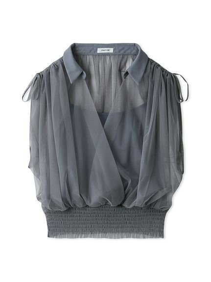 【フレイ アイディー/FRAY I.D】のチュールドッキングカシュクールカットソー インテリア・キッズ・メンズ・レディースファッション・服の通販 founy(ファニー) 　ファッション　Fashion　レディースファッション　Fashion for Women　トップス・カットソー　Cut & Sew Tops　カットソー・ベーシックTシャツ　Cut-and-Sewn Tops / Stretch Tees & Basics　インナー　Innerwear　エレガント 上品　Elegant　ヴィンテージ　Vintage Style　カシュクール　Wrap Design　キャミ　Camisole, Cami Top　キャミソール　Camisole, Spaghetti Strap Top　シャーリング　Shirring, Ruched　ジャケット　Jacket, Outerwear　チュール　Tulip, Tulip Motif　ドッキング　Docking, Mixed Material　フィット　Fit, Slim Fit　リボン　Ribbon, Bow　BLU[086]|ID: prp329100004627021 ipo3291000000033496274