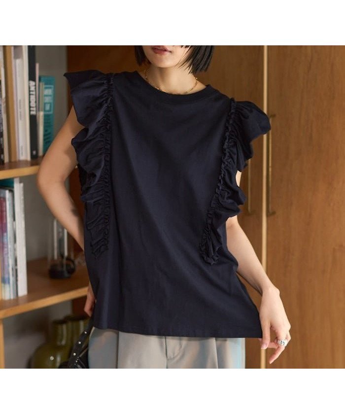 【フリークスストア/FREAK'S STORE】のオーガニックコットン フリルトップス / 肩フリルデザイントップス / バックスリットフレンチスリーブTシャツ 25SS インテリア・キッズ・メンズ・レディースファッション・服の通販 founy(ファニー) 　ファッション　Fashion　レディースファッション　Fashion for Women　トップス・カットソー　Cut & Sew Tops　シャツ・ブラウス・オフィスカジュアル　Elegant Blouses & Button-Ups　ロングTシャツ・Tシャツ　Longline T-Shirts & Tees　カットソー　Cut and Sewn Top　スリット　Slit, Slit Detail　デニム　Denim, Jeans Material　人気　Popular, Best Seller　フリル　Frill, Ruffle　S/S・春夏　SS, Spring/Summer, Warm Season　おすすめ　Recommended / Our Picks　夏　Summer　2025年　2025　2025春夏・S/S　Spring/Summer 2025 SS25　ネイビー|ID: prp329100004627063 ipo3291000000033836513